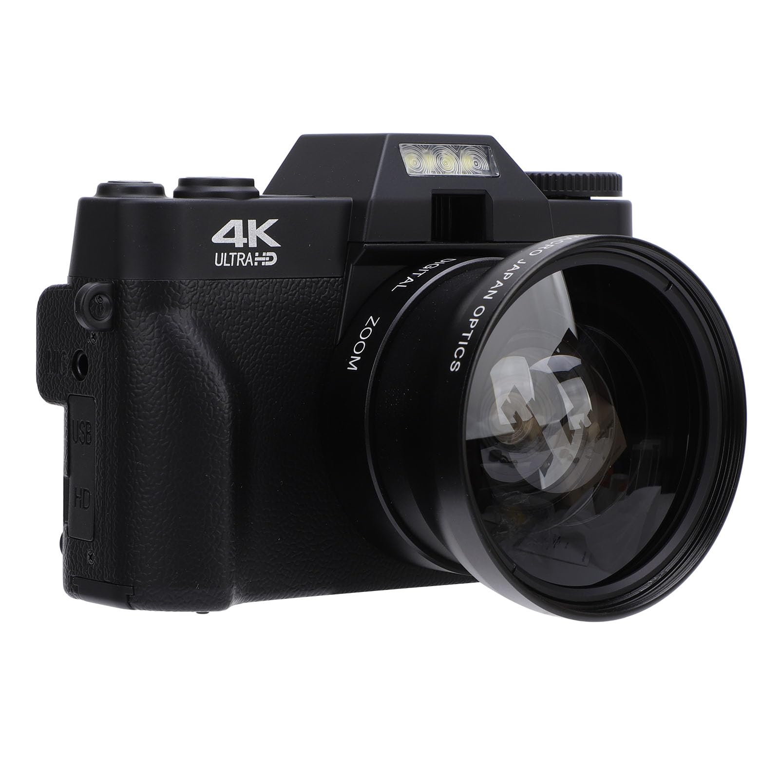 VBESTLIFE 4K 56MP Digital Camera with wide-angle lens and rotating screen showing a landscape scene.