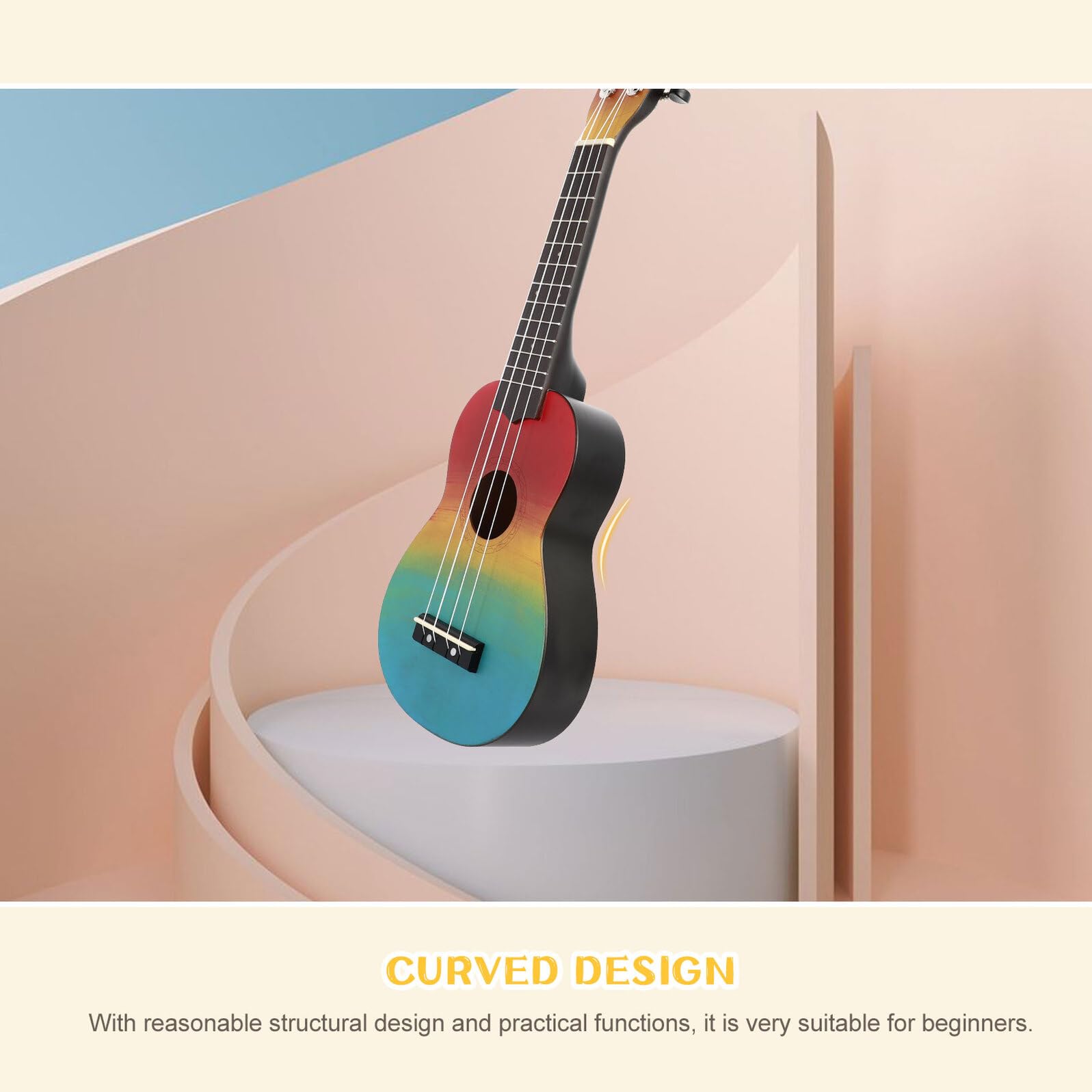 PRETYZOOM Ukelele de Madera Pintado a Mano de 21 Pulgadas Tono Excelente y Acabado Diseño Arcoíris Adecuado como Obsequio Educativo Musical para Niños