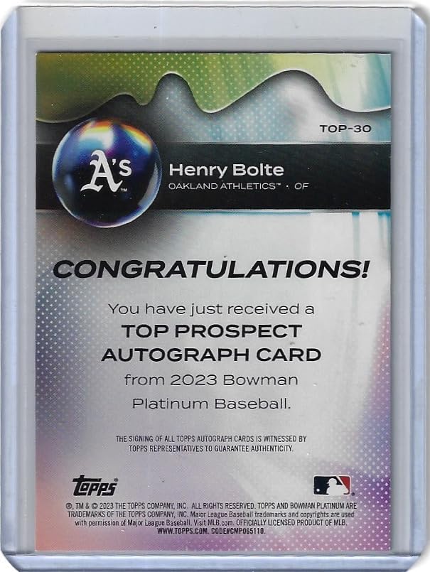 Henry Bolte Autographed Top Prospect Collectible Baseball Card - 2023 Bowman Platinum Baseball Card #TOP-30 (A's)
