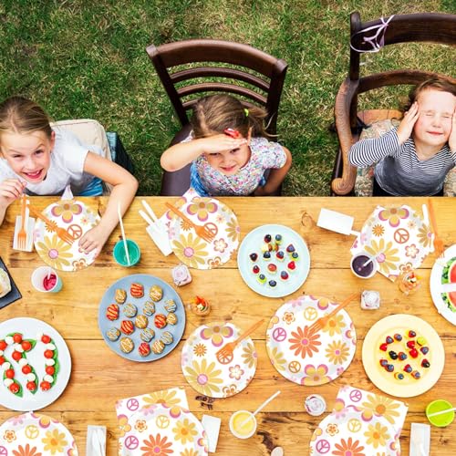 Image of 96 Pcs Groovy Party Supplies for 24 Guests Retro Hippie Boho Tableware Plates Napkins Daisy Flower Birthday Dinnerware Table Decorations Retro Hippie Daisy Party Favor for Kitchen Dinning Home Decor