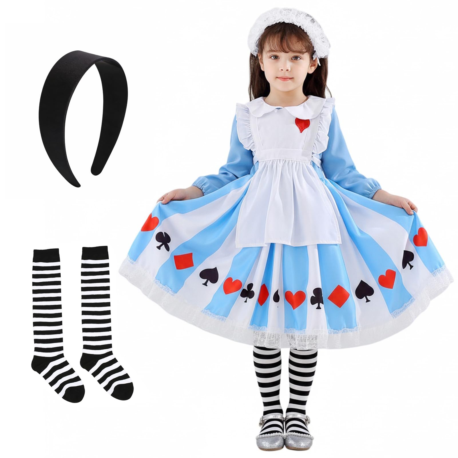 Harsever Blue & White Pinafore Dress Black Headband and Striped Tights (140)