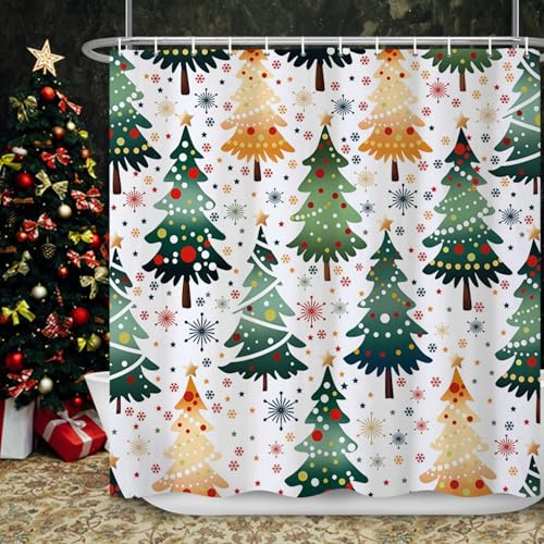 Ttincceer 180x180cm Árbol de Navidad Cortina de Ducha Dibujos Animados Árbol de Navidad Fuegos Artificiales Copo de Nieve Cortina de baño Verde Naranja Pino Árbol Invierno Vacaciones Baño Decorativo