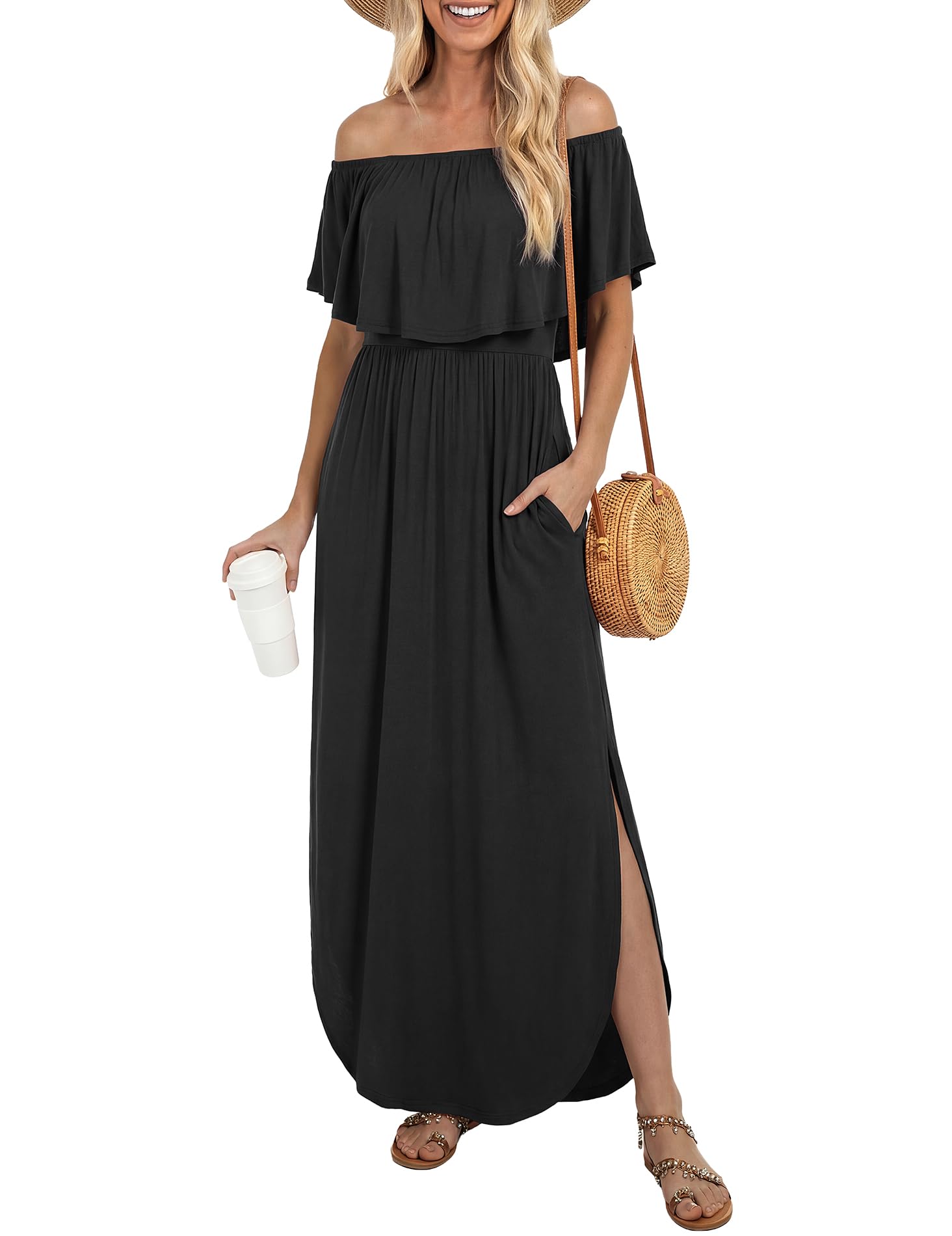 LILBETTER Womens Off The Shoulder Ruffle Party Dresses Side Split Beach Maxi Dress