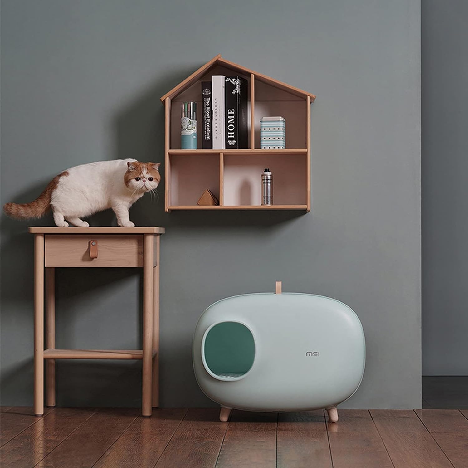 Large Spacewith Cat Litter Scoop and Wood Grain Feet Enclosed Anti-Splash Design Cat Toilet Easy to Clean and Assembly Pet Pan (Light Green)