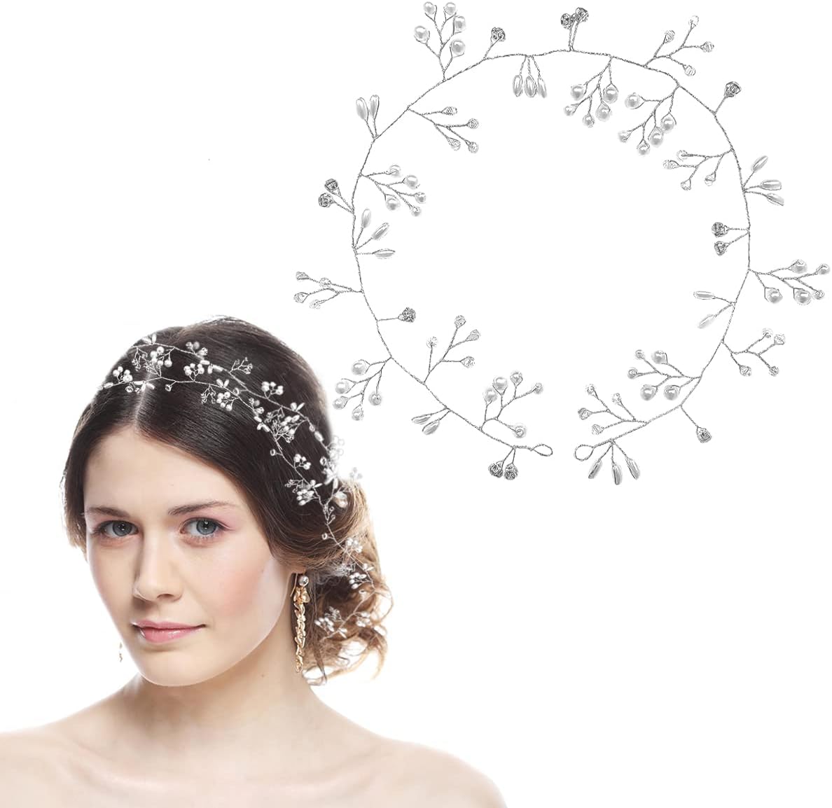 Wedding Hair Pins for Brides, 20 inch Silver Crystal Pearl Bridal Hair