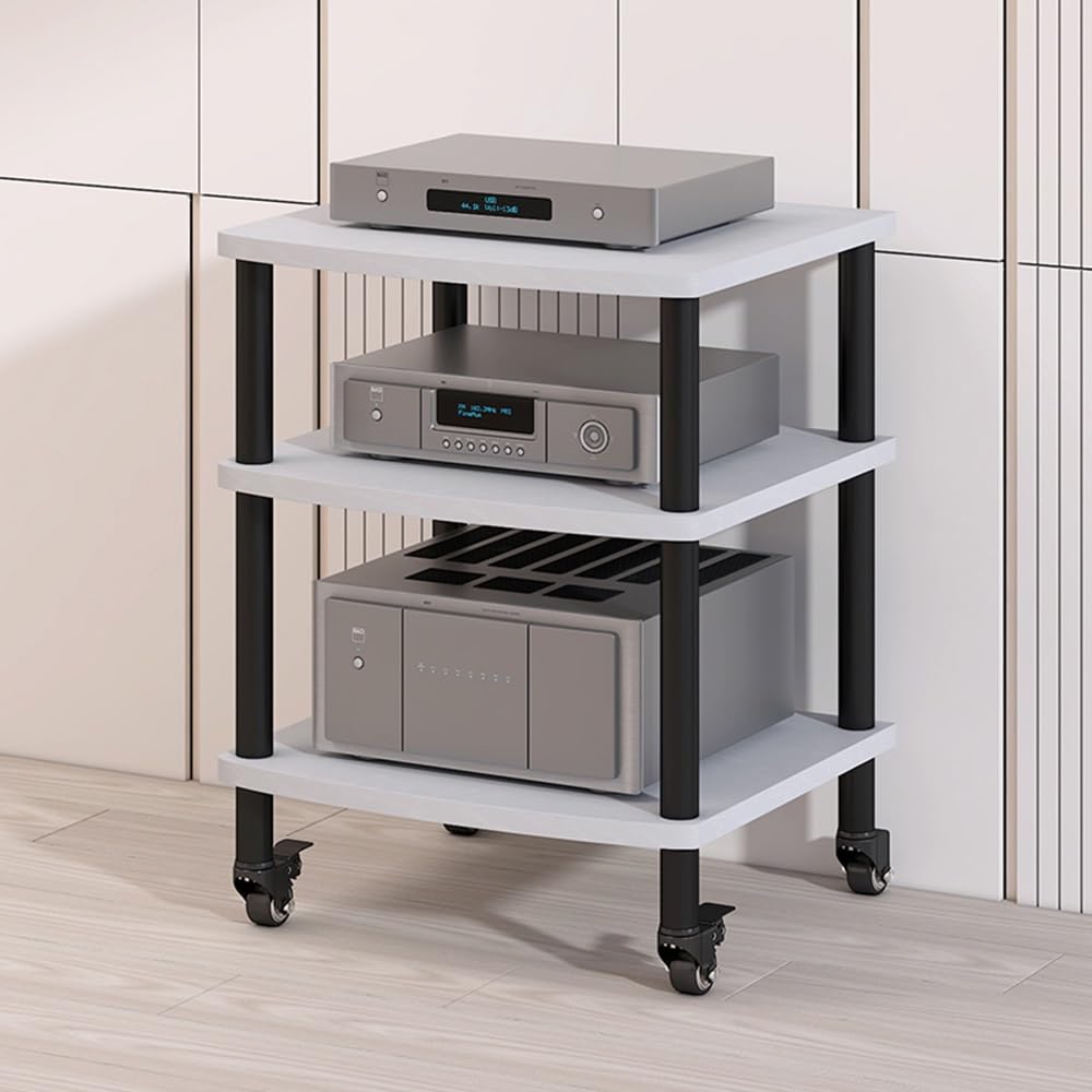 CWCQGH 3 Tier Media Stand Amplifier Rack Mobile Audio Tower with Wheels CD Player & Stereo Component Cabinet Stylish Black Design for Home Entertainment,White-3 Tier