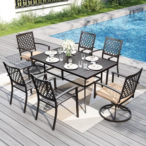 Image of PHI VILLA 7 Pieces Outdoor Dining Set for 6, 59 inch Rectangle Wrought Iron Table with Umbrella Hole & Swivel Fixed Chairs with Cushions, Modern Metal Furniture for Patio, Deck, Yard, Porch