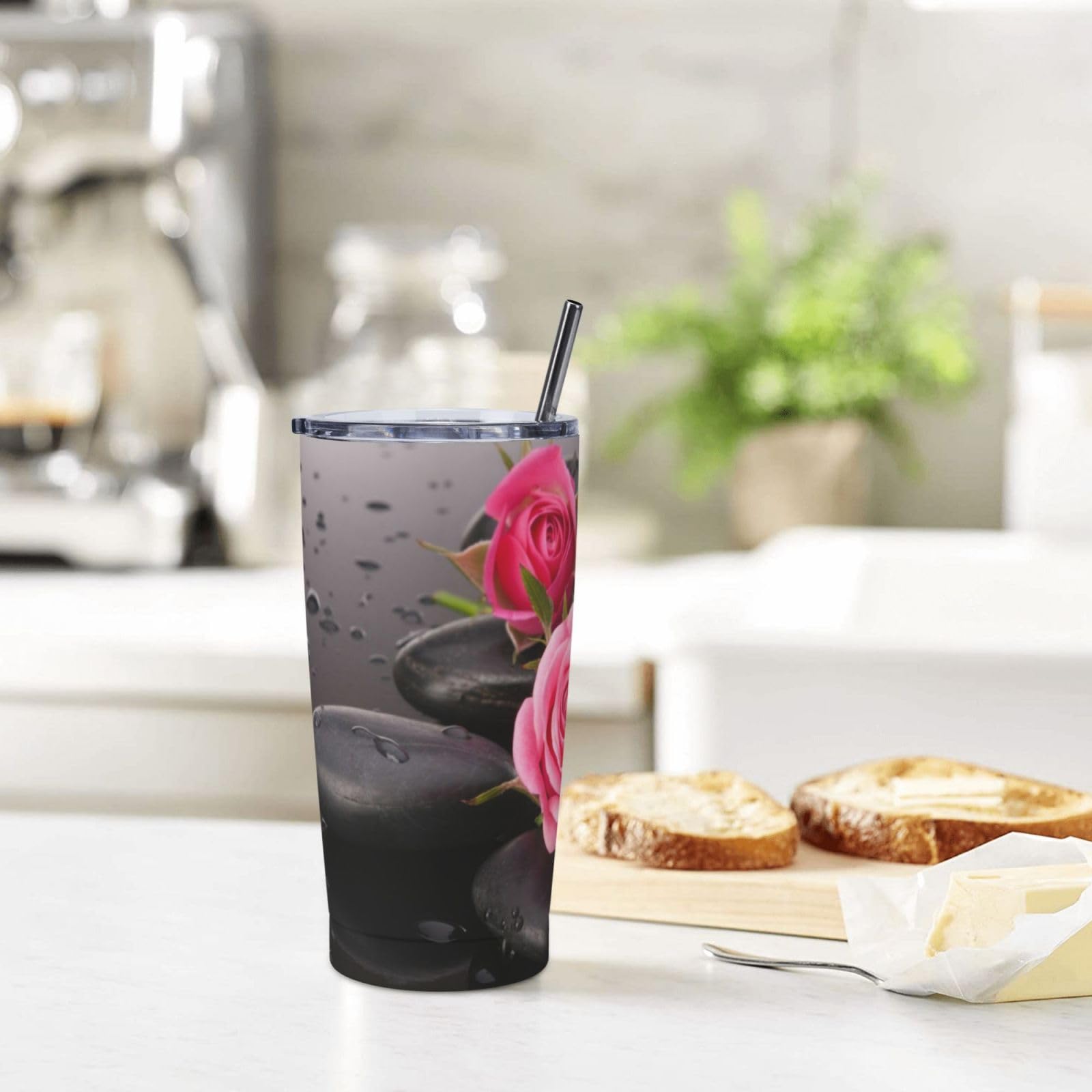 Tazza termica portatile in acciaio inox con stampa di fiori di rosa e pietra termica