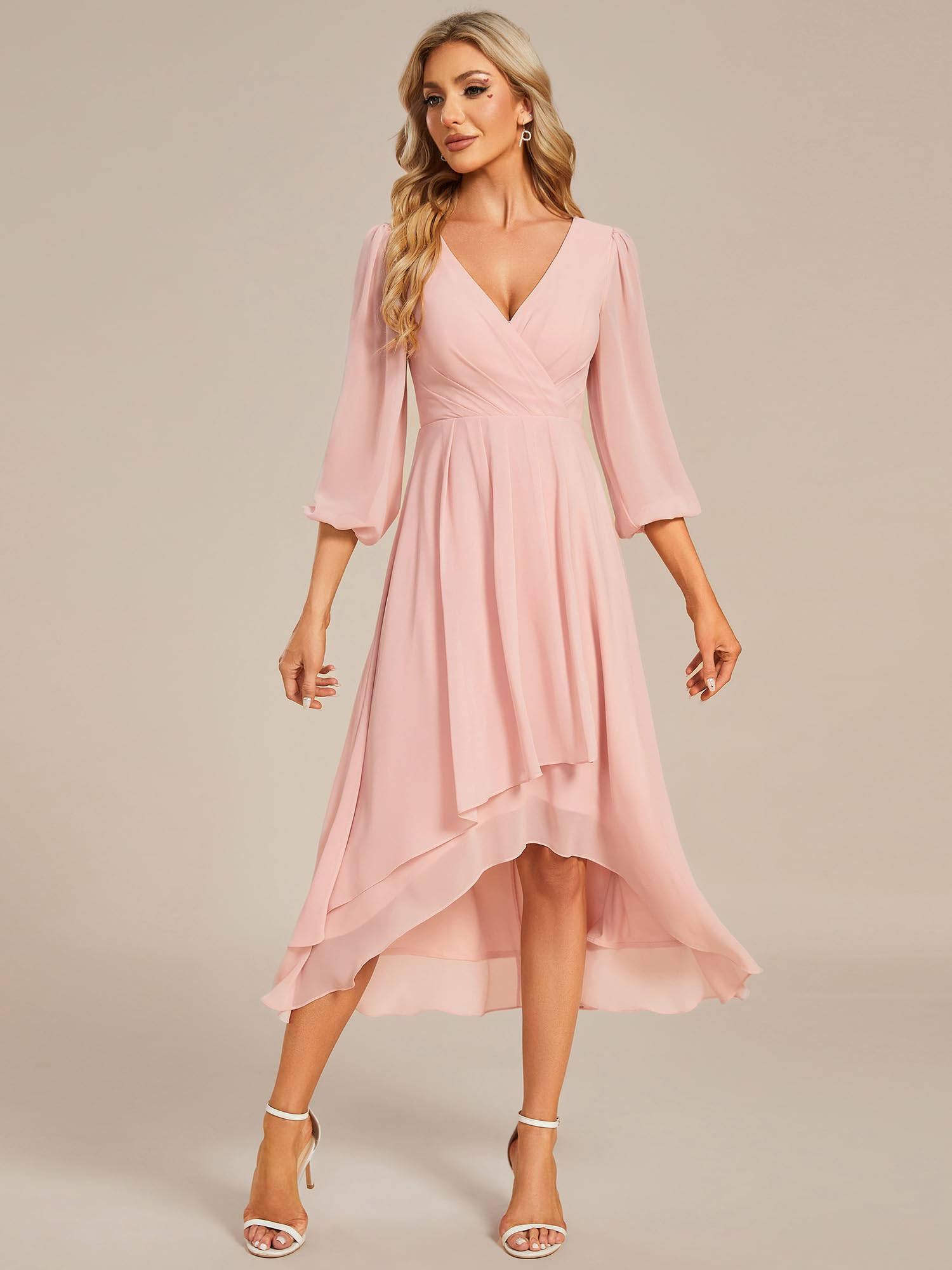 Ever-Pretty Damen Chiffon V-Ausschnitt Langarm Plissee A-Linie Midi Länge Hochzeit Gäste Kleid 01926