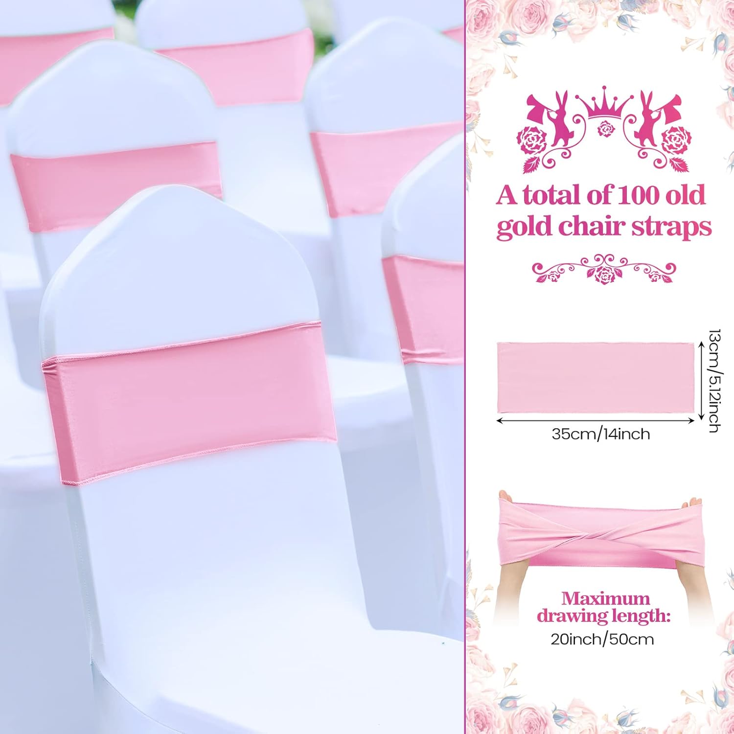 chengu 100 pcs spandex chair sashes plain bow wedding royal chair bands without buckle birthday decorations elastic ties spandex slider sashes for events party ceremony(pink)