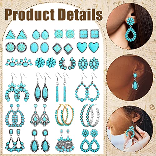 24 Pairs Turquoise Earring Set for Women Bohemian Teardrop Dangle Stud Turquoise Round Metal Earrings Boho Vintage Oval Jewelry for Women Fashion Accessories Gifts (Ear Stud Style)3
