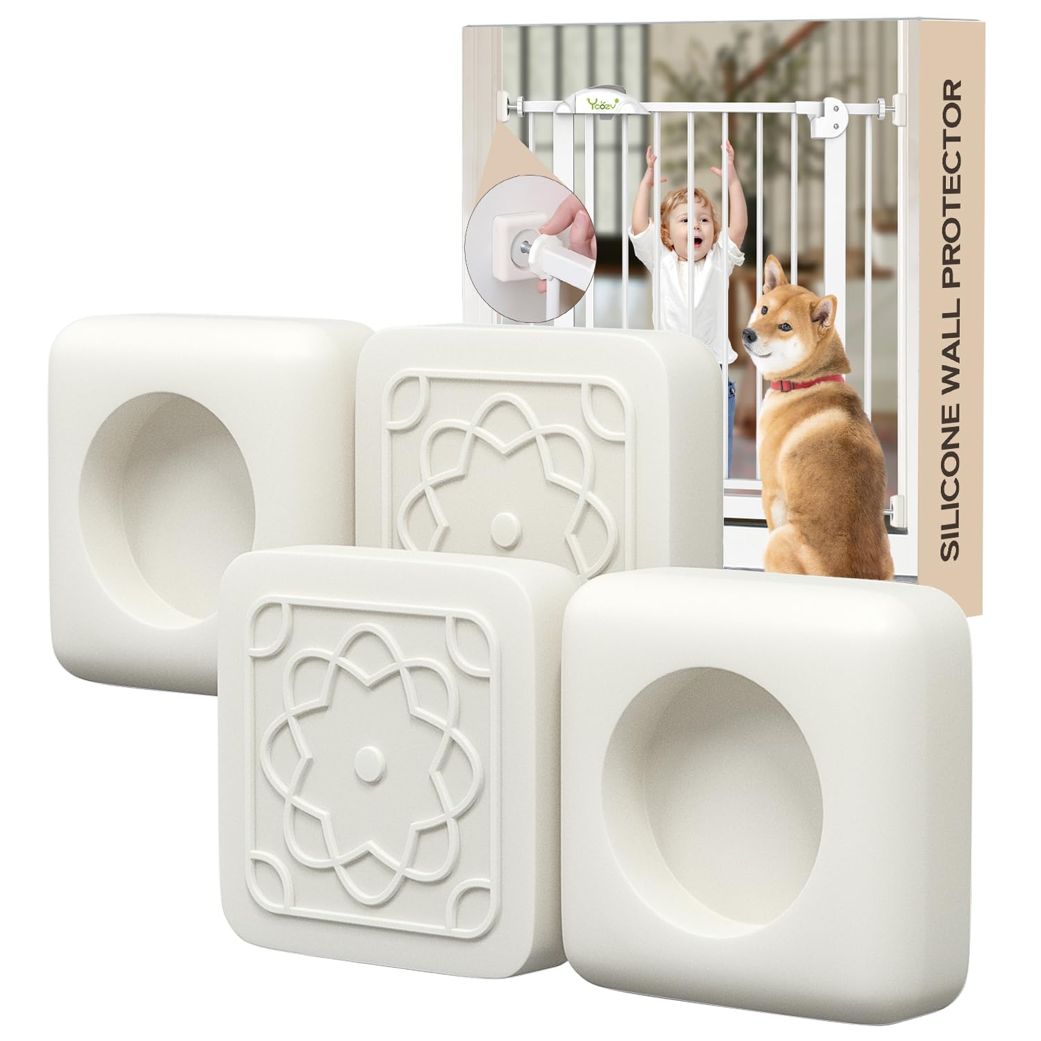 Ycozy Silicone Wall Protector 4-Pack for Baby Gate, Wall/Door Protector from Pet Dog Safety Gates, Soft & Anti-Slip Wall Guarder for Pressure Mounted Stairs Gate, Milky White