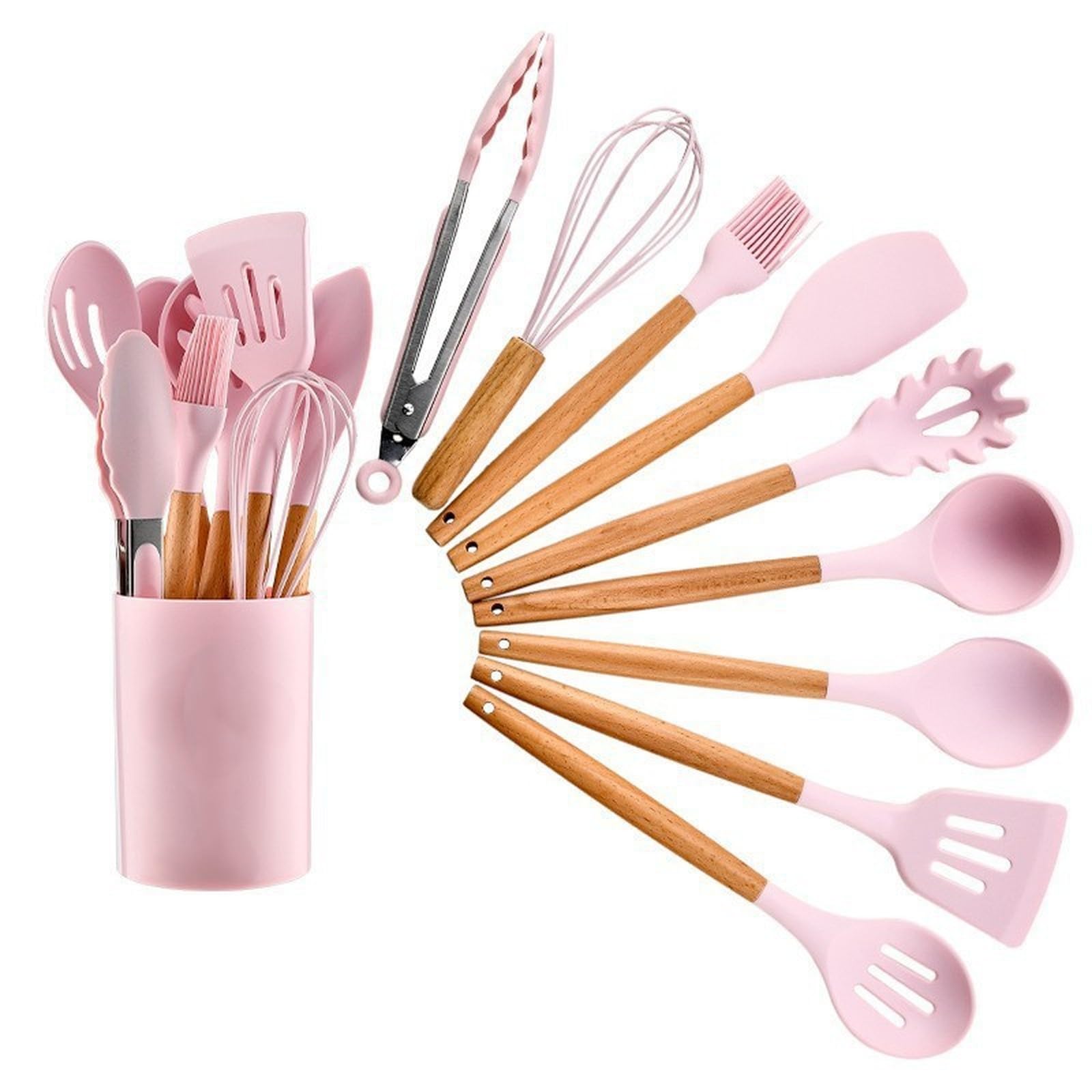 11-teiliges Küchenhelfer-Set aus Silikon mit Buchenholzgriffen, rosa, hitzebeständige Antihaft-Kochutensilien, Pfannenwender, Schöpfkelle, Zange und Aufbewahrungseimer