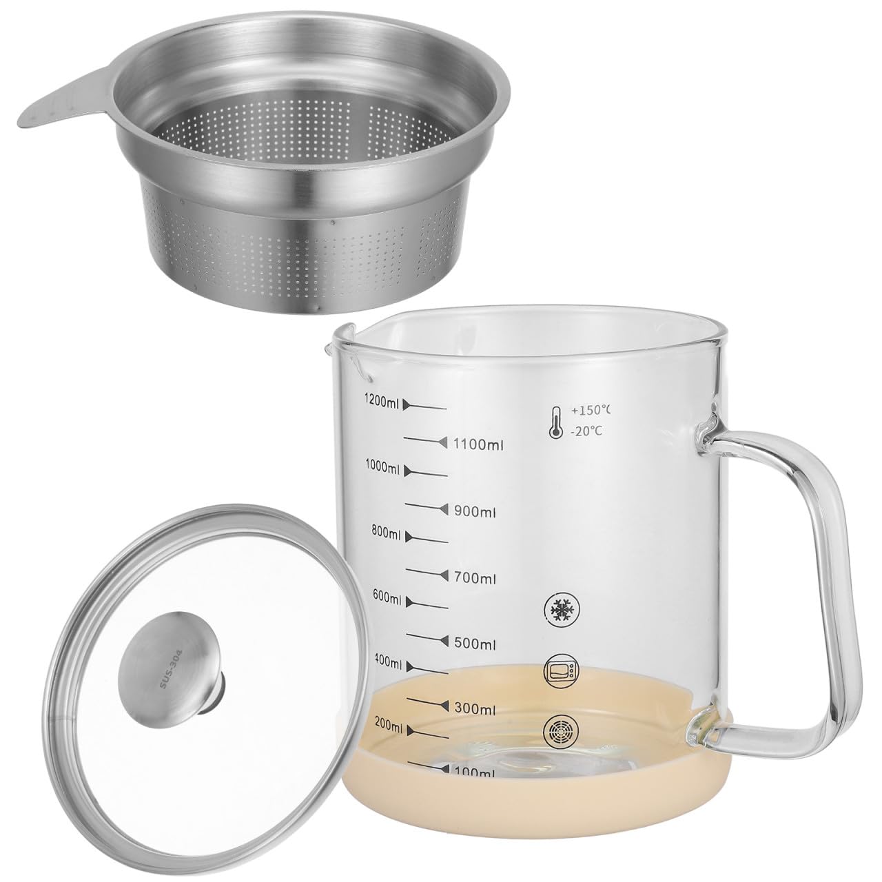 Fettabscheider 1200ml mit Sieb aus Glas, Edelstahl und Silikon