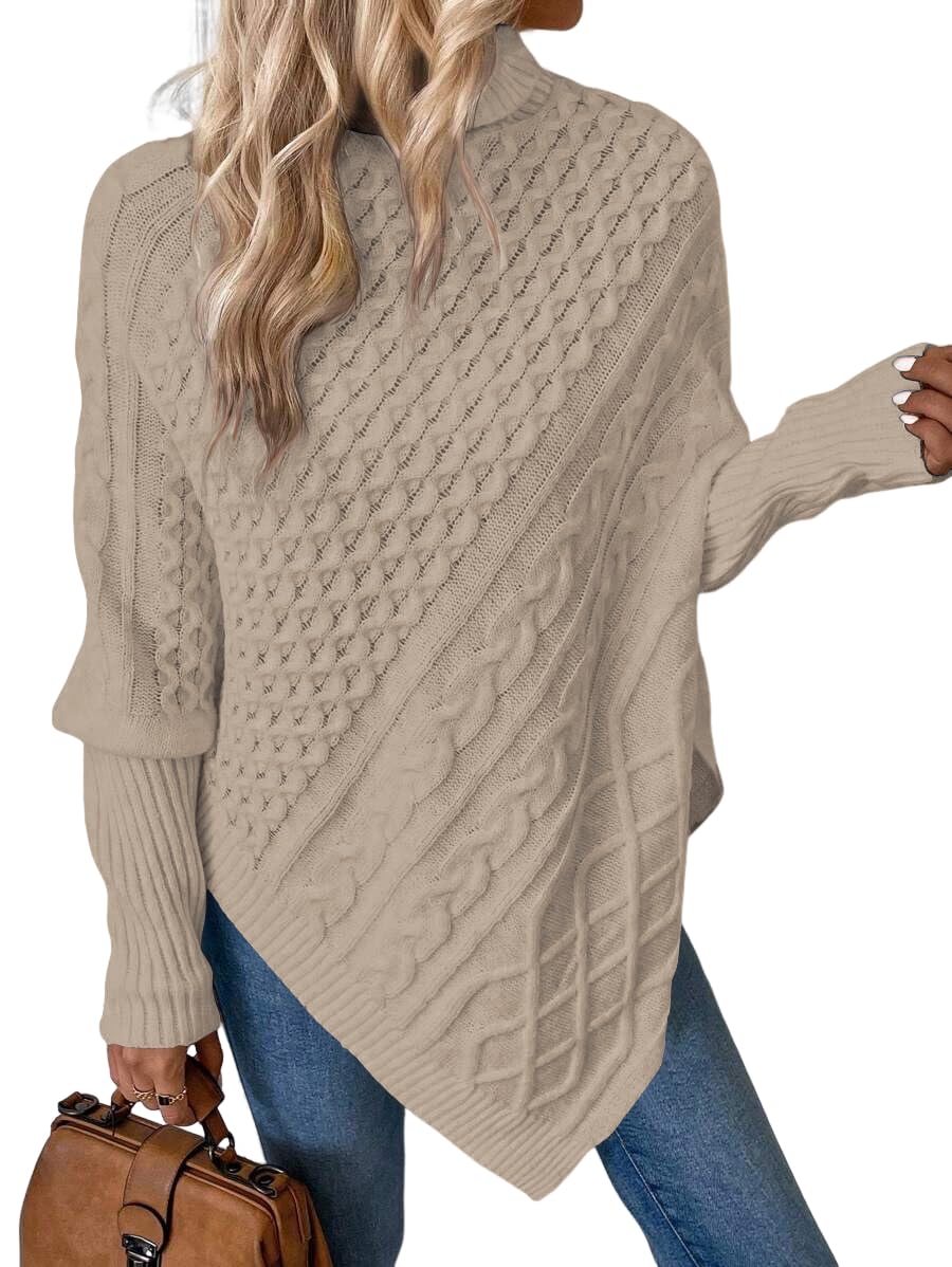 ZAFUL Womens Asymmetrical Turtleneck Poncho Sweaters Drop Shoulder Cable Knit Casual Pullover Sweater