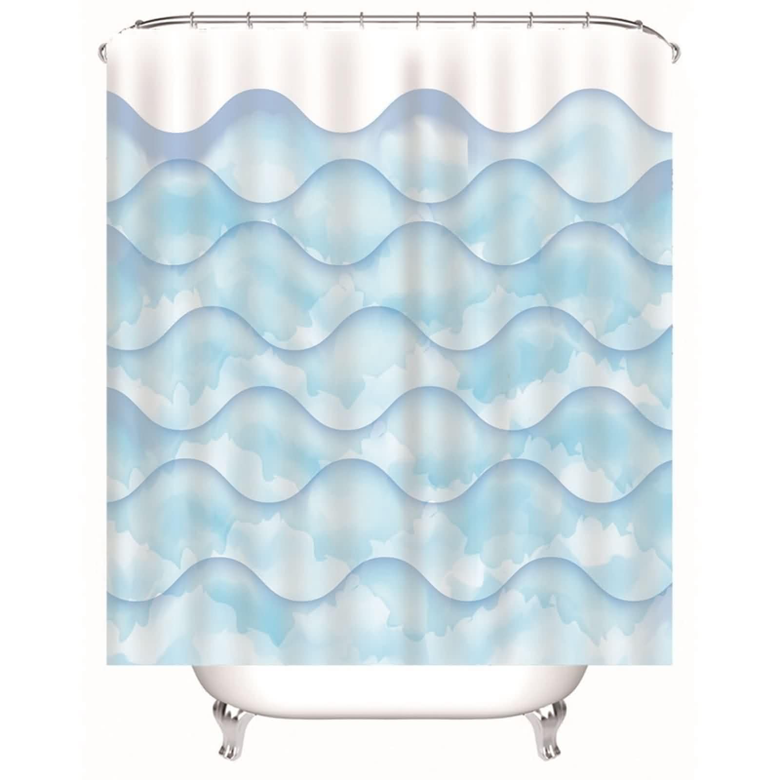 Rideau de salle de bain bleu et blanc en polyester avec anneaux inclus