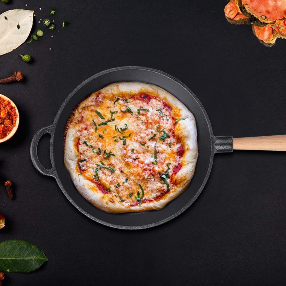 FLEXMAN Skillet Z Żeliwa, Wielofunkcyjna Patelnia do Smażenia Z Żeliwa Z Drewnianym Uchwytem, Patelnia do Gotowania Steków do Pieczenia, Grilla, Pieczenia, Duszenia, Smażenia