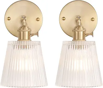 Vintage Wall Sconces Set of 2 with Transparent Stripe Glass Lampshade 180 Degree Adjustable Brass Sconces Hradwired Modern Wall Lighting Fixture with Switch for Bedside Bedroom Doorway