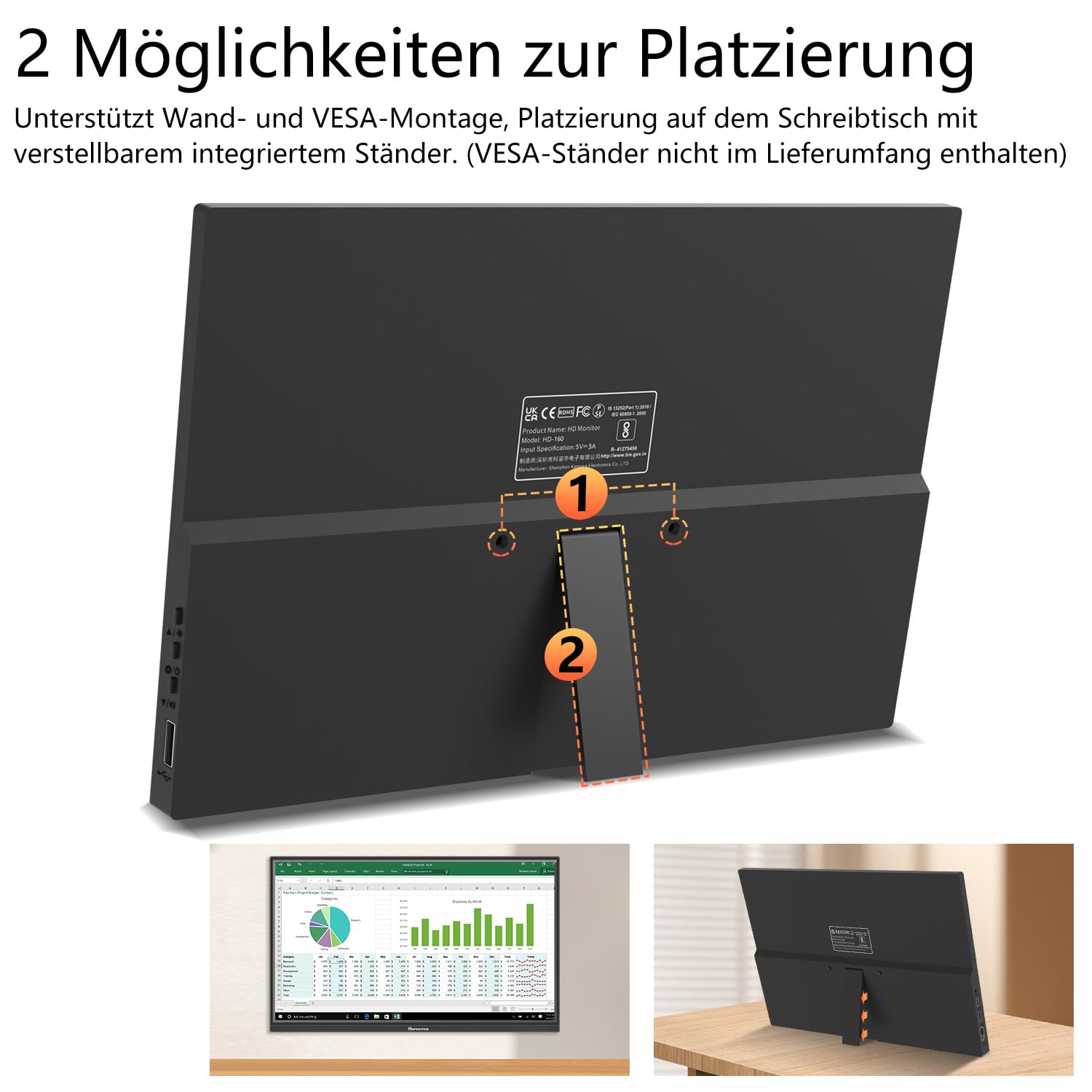 16zoll Tragbar Monitor, FHD1920 x 1200P Display 300 cd/Helligkeit, 60 Hz, 99% sRGB, VESA Support, HDMI USB-C Portable Monitor kompatibel mit Laptop PS4/5, Switch, PC