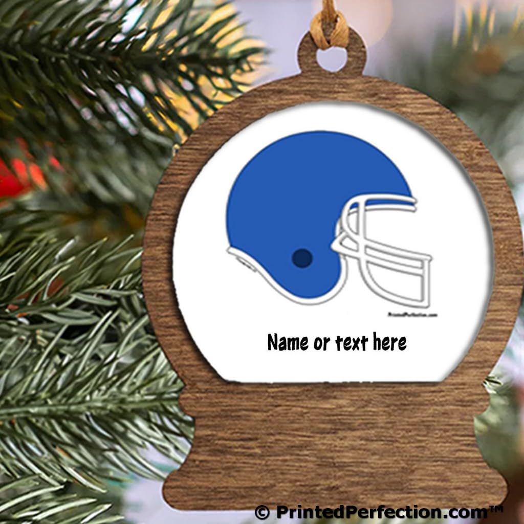 PrintedPerfection.com Personalized Football Helmet - Light Blue Wooden Snow Globe Shaped Christmas Ornament