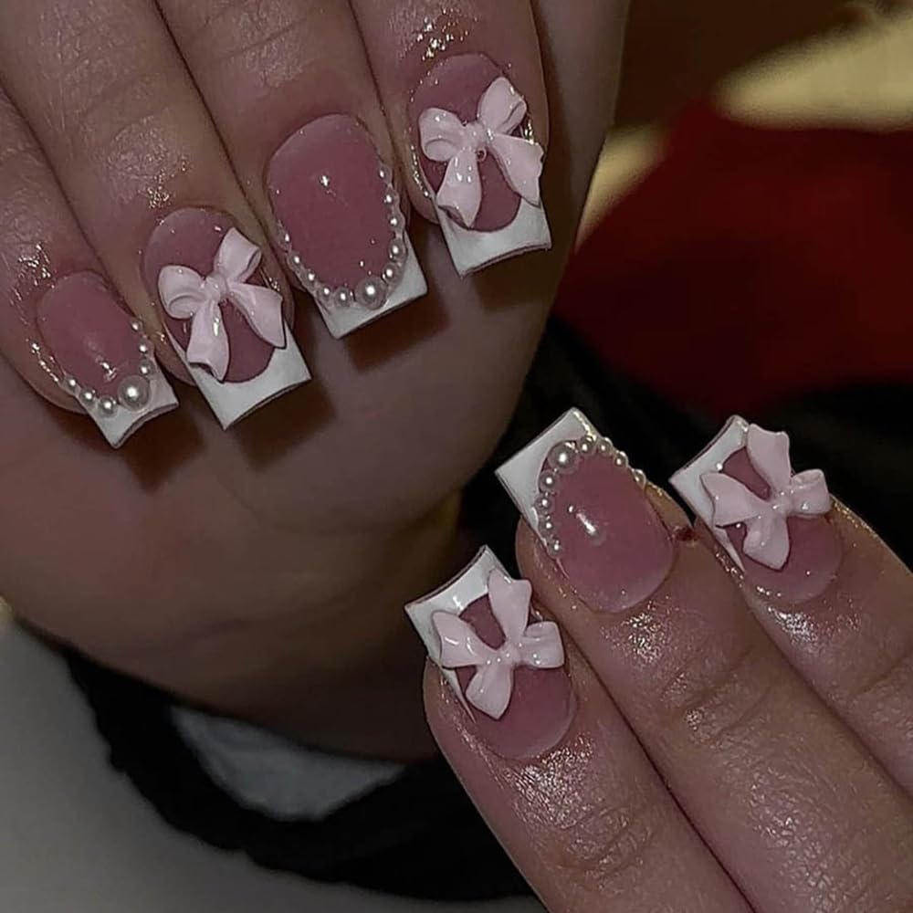 White French Tip Press on Nails - Short Square Pink With 3D Bow Pearl Designs - Cute False Acrylic Glue on Full Cover Stick on Nails for Women Girls -