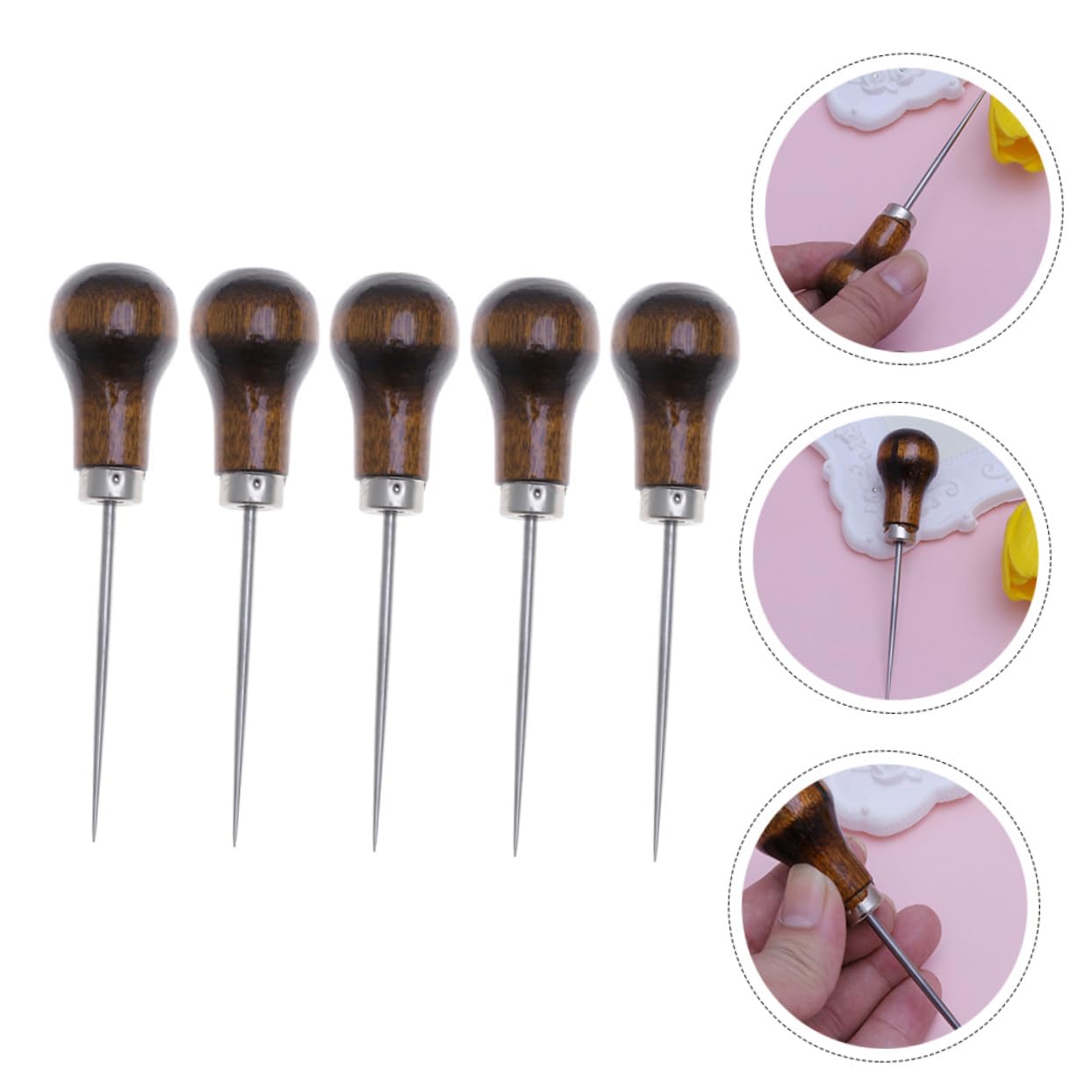 HAPINARY Lightweight Steel Needle Awls 5pcs Wooden Handles Sewing Craft Tools for DIY and Leather Work