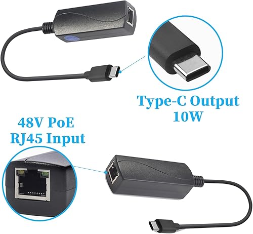 Miniatura 3 de REVOTECH Convertidor adaptador PoE a USB C, convierte POE a salida 5V2A Tipo-C con Ethernet, IEEE802.3af con 10100Mbps, banda ancha con cable y
