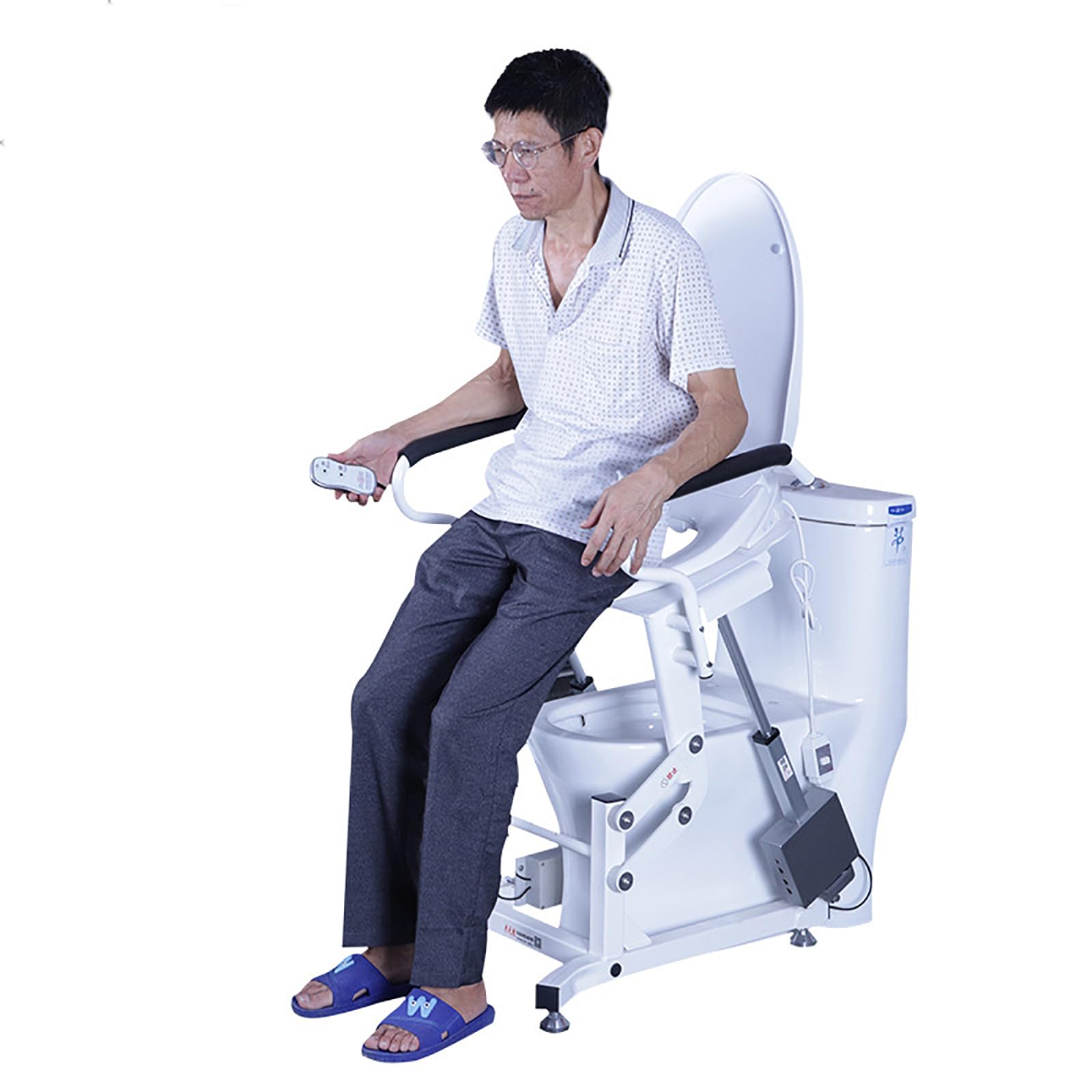 Rialzo elettrico per sedile WC con seduta divisa a 180° e doppi braccioli, funzione riscaldata, supporta fino a 150 kg, ideale per disabili