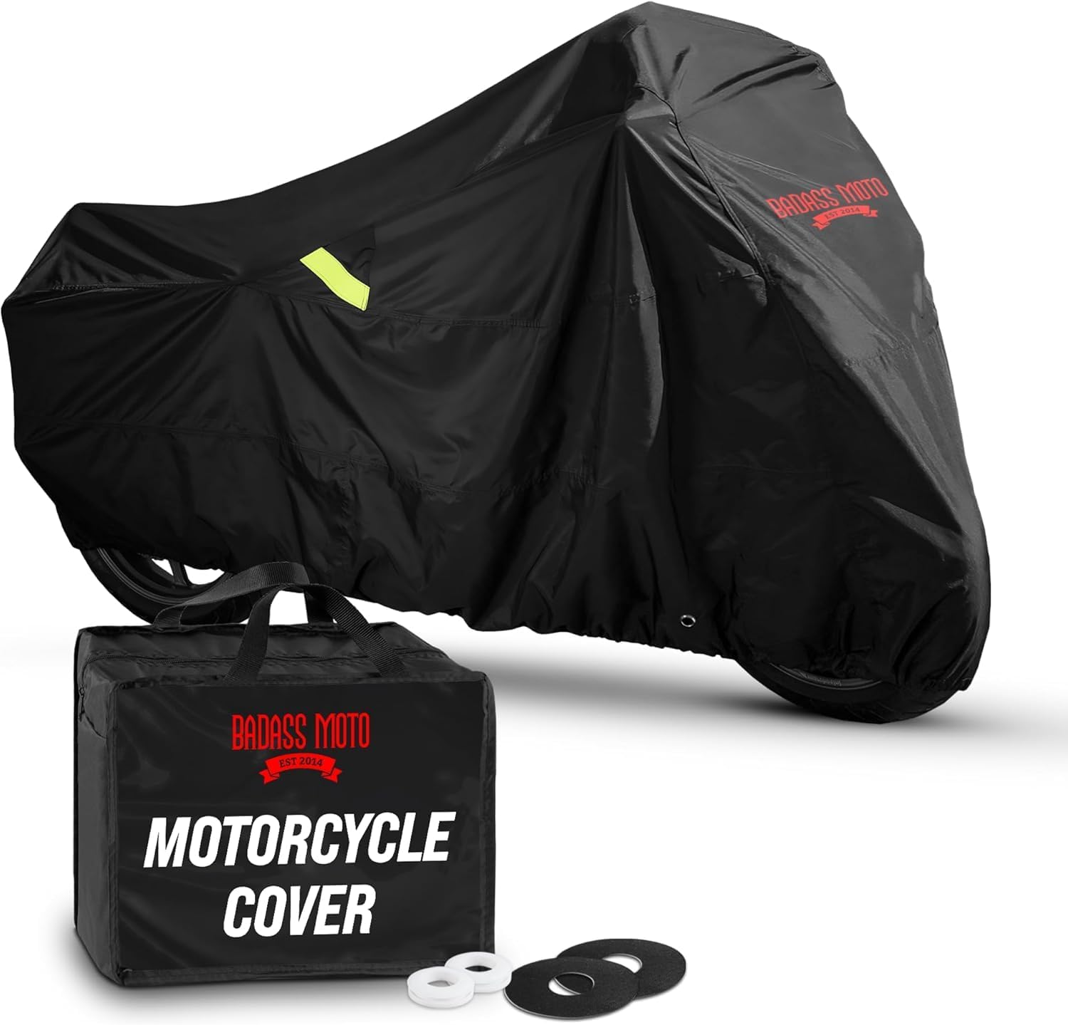 Badass Moto Ultimate Waterproof Motorcycle Cover. Heavy Duty, Night Reflective, Windshield Liner, Heat Shield, Vents, Lock Pocket, Taped Seams (108” Full Dressers,Tourers) Extra Large