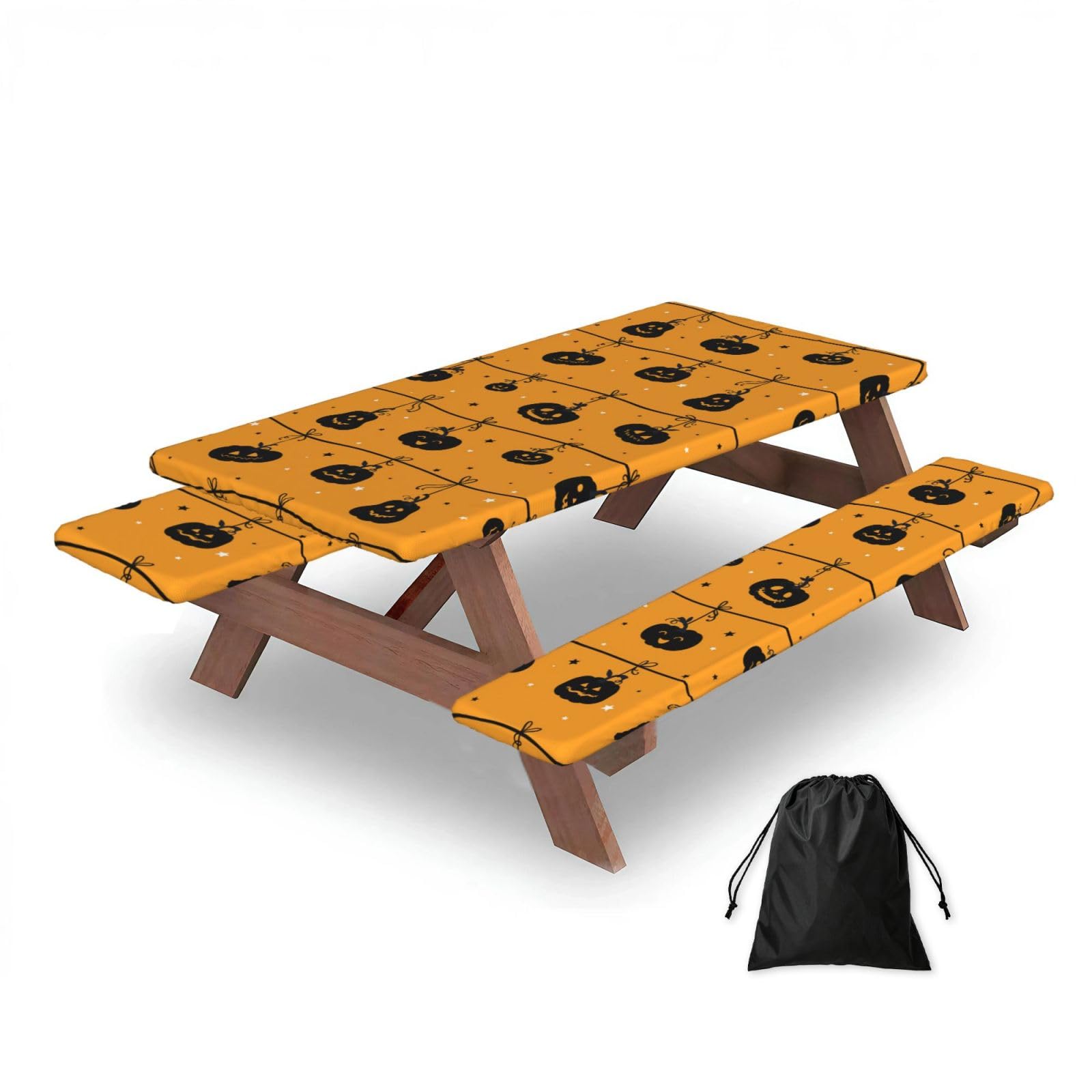 Dopklna As Picture Halloween Pumpkin Orange, Picnic Table Cover With Bench Covers -Waterproof Elastic Fitted Tablecloth For Garden Camping Patio 76X152cm