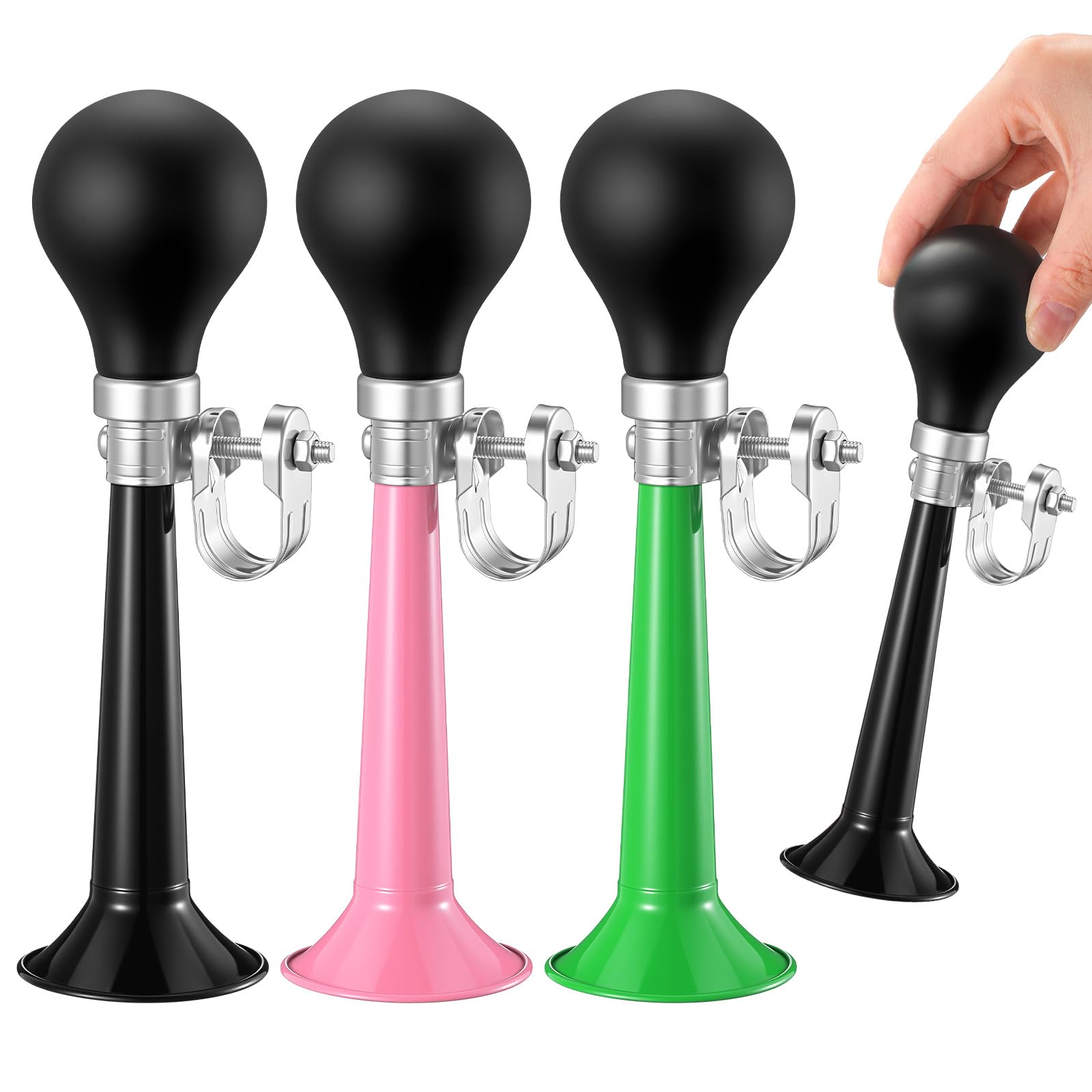 Threan 3 Pcs Classic Bike Horn Loud Retro Metal Air Horn for Clown Role Play Street Performance Events Adults Bicycle Handle Twist Loudspeaker Siren Hooter (Black+pink+green)