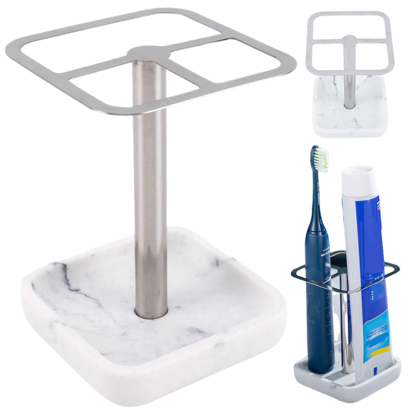 Licsaliwe Silver Toothbrush Stand 3 Slots Stainless Steel Toothbrush Stand With Resin Marbling Base, Minimalist Toothpaste Holder For Bathroom Organizer
