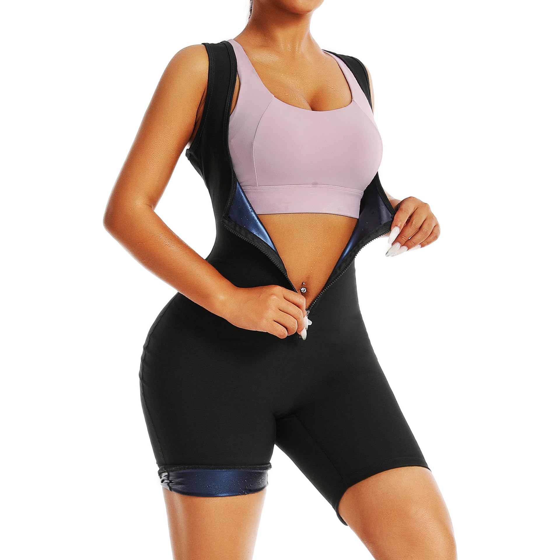 Sauna Suit for Women Weight Loss Waist Trainer Vest Workout Sweat Suits Sauna Jumpsuits Slimming Full Body Shaper Zipper Gym Workout Top (M)