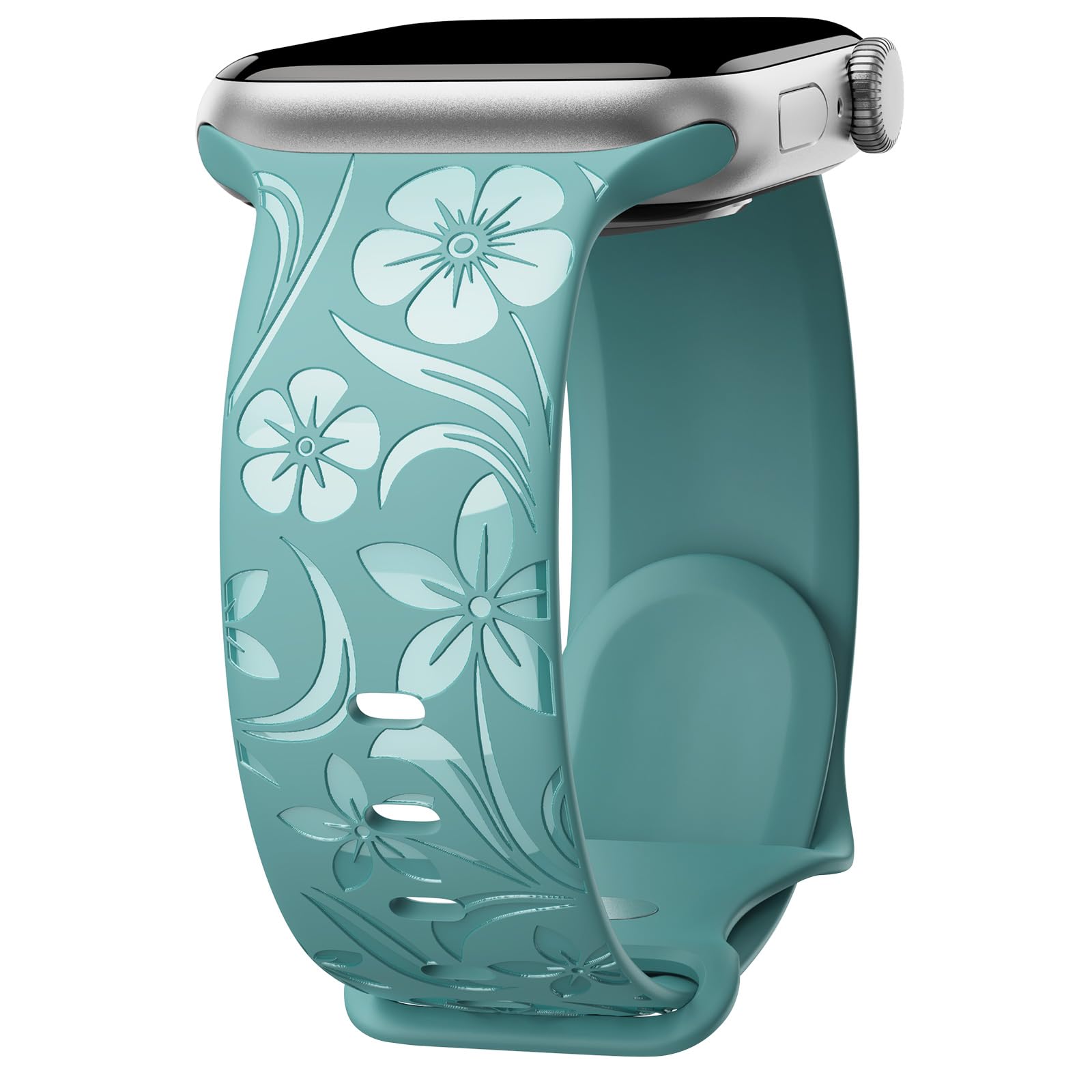 Floral Engraved Band Compatible with Apple Watch Band 38mm 40mm 41mm 42mm 44mm 45mm 46mm 49mm, Designer Silicone Glossy Wildflower Strap for iWatch