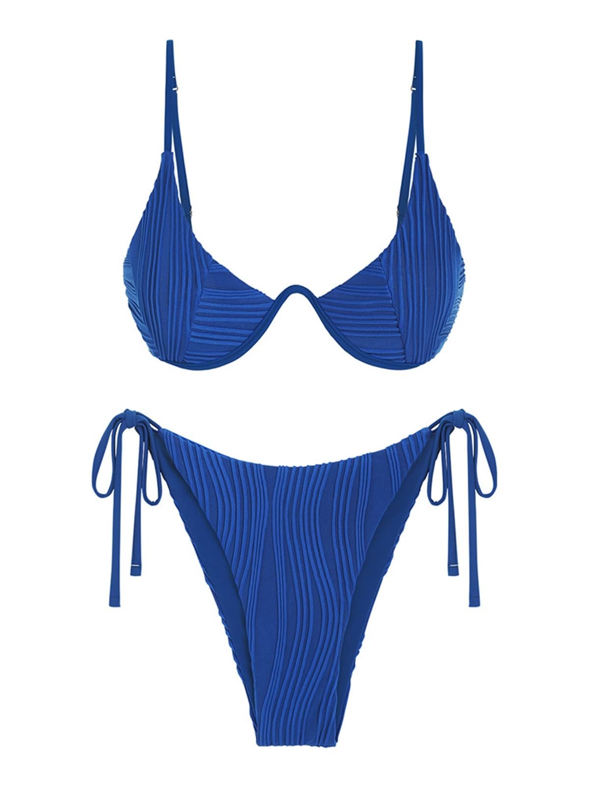 Damskie prążkowane wiązanie, boczne bikini, stroje kąpielowe z fiszbinami, push-up, solidne, niski stan, dwuczęściowy strój kąpielowy monowire, strój kąpielowy, NIEBIESKI, S