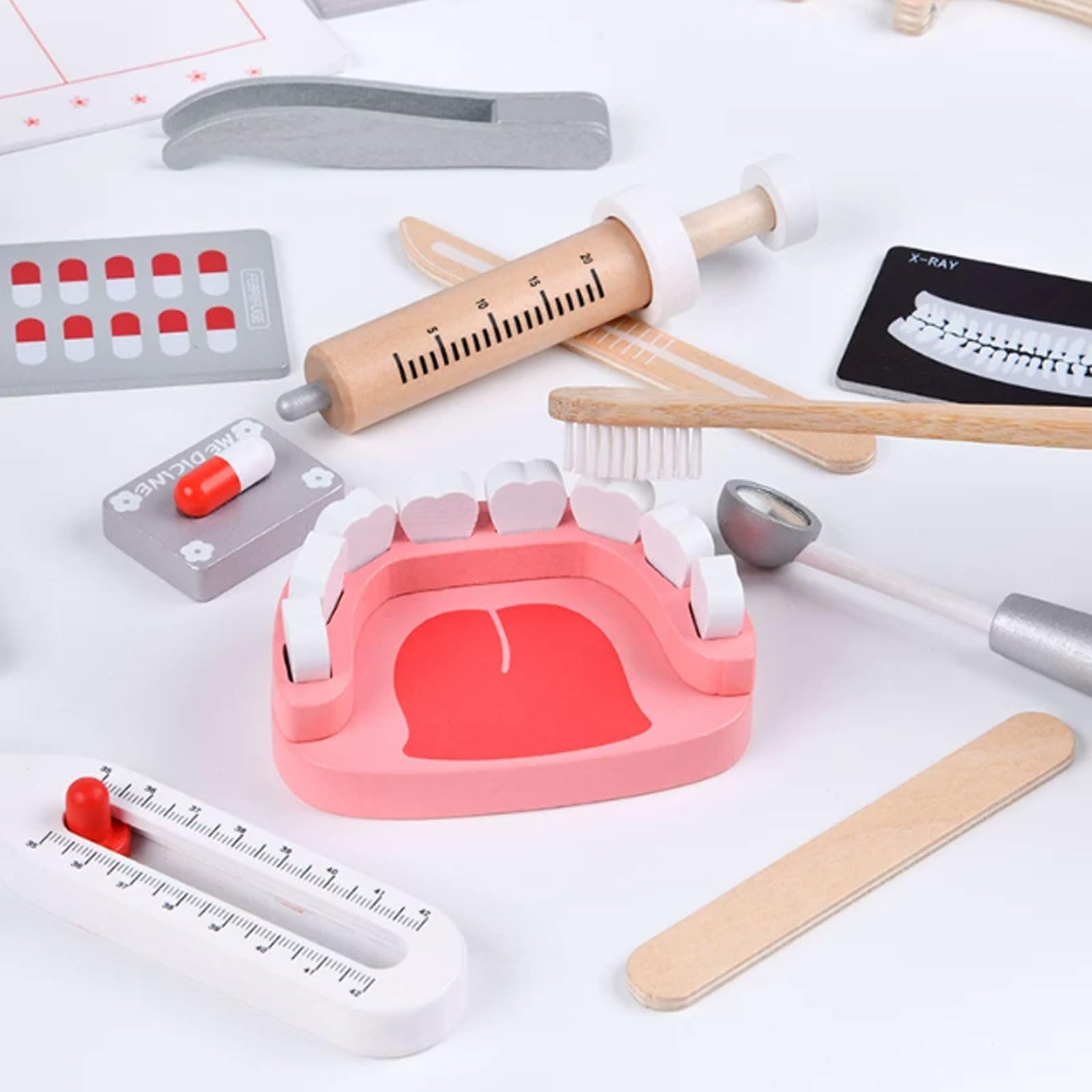 Set da Gioco di finzione Montessori in Legno per Dottore e Dentista | Kit Medico per Bambini con Stetoscopio Reale, Siringa per Iniezioni e Borsa Medicale per la Conservazione