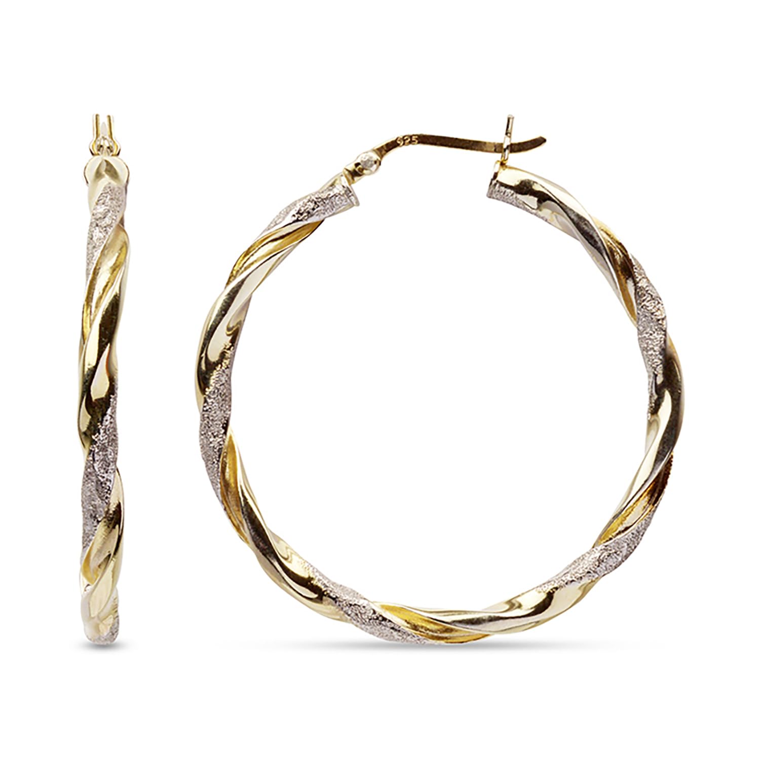 LeCalla Echte 925 Sterling Silber texturiert zwei-Ton dreifach 14K vergoldet leichtes italienisches Design Ohrringe für Frauen Durchmesser 25,30,40,45,50mm