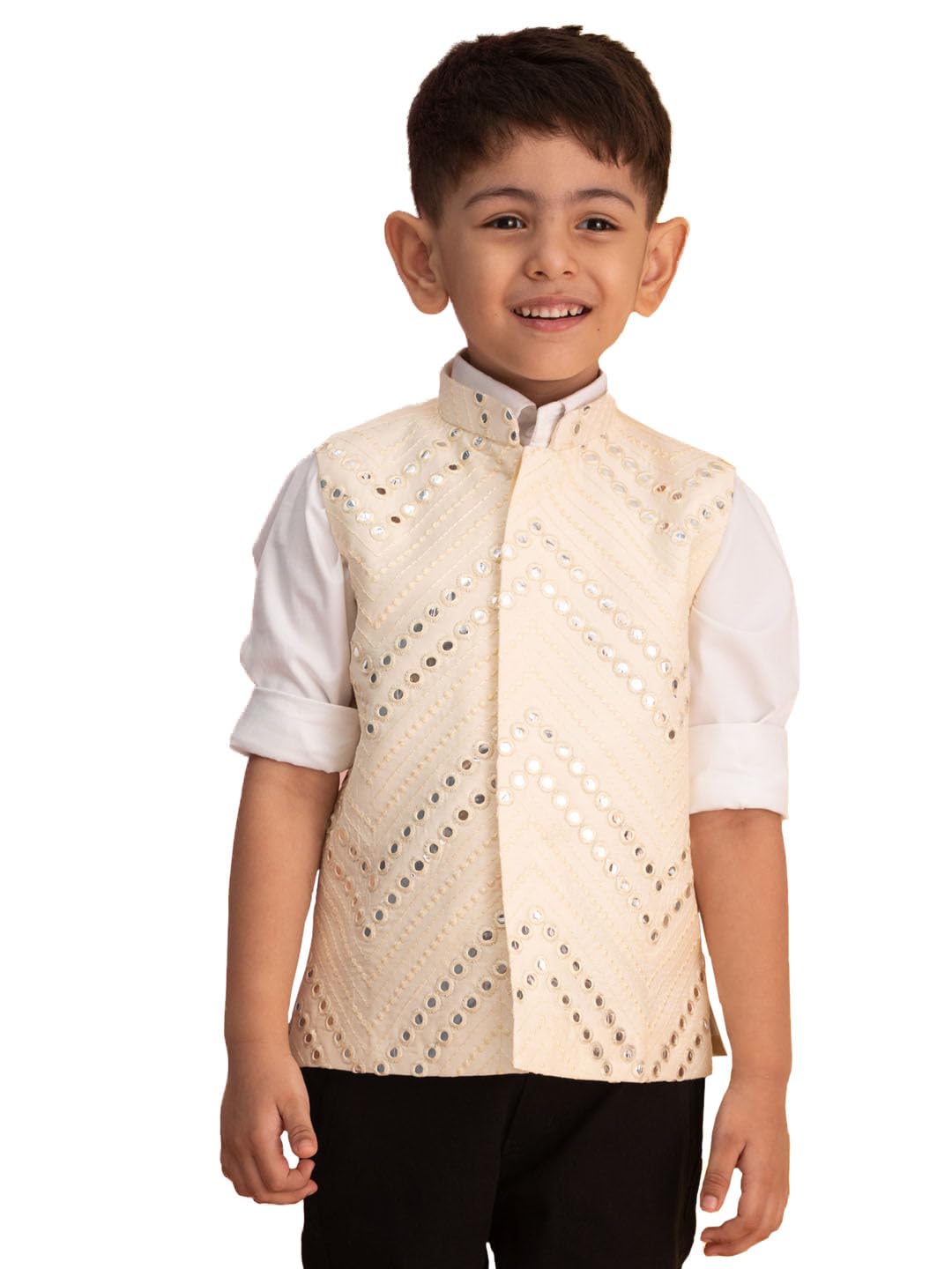 Boys' Cream Nehru Jacket | Mirror Work Viscose Sleeveless Nehru Jacket - Navratri Special Traditional Ethnic Waistcoat - Perfect for Festivals, Weddings, and Celebrations-image-8