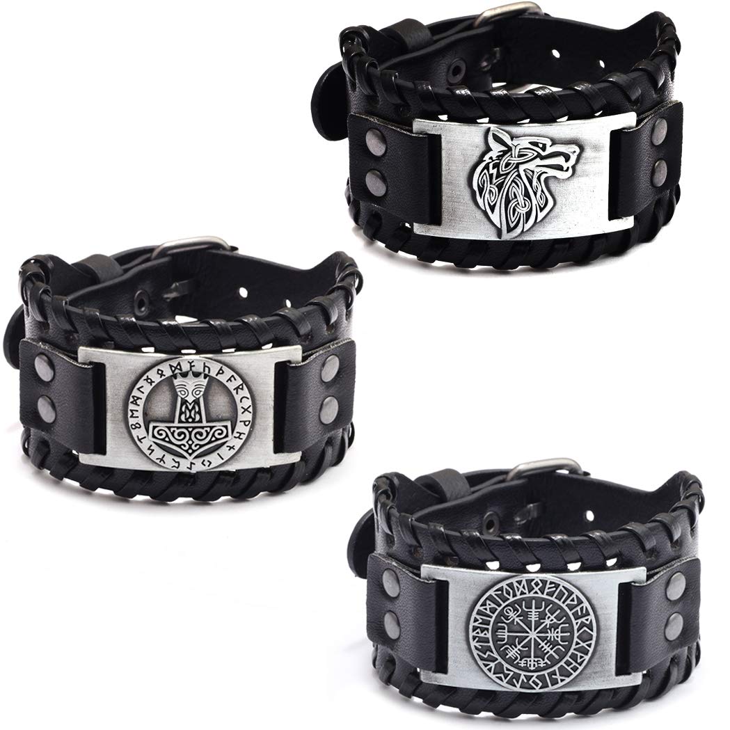Buy 3 Pcs Viking Bracelets for Men Wolf Fenrir Norse Mjolnir Norse