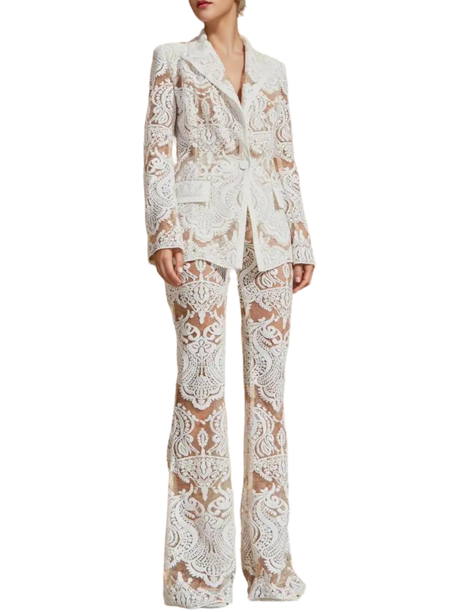 Womens 2024 2 Pieces Suit Set Single Button Guipure Lace Sequined Blazer Jacket Pants Suit Outfit