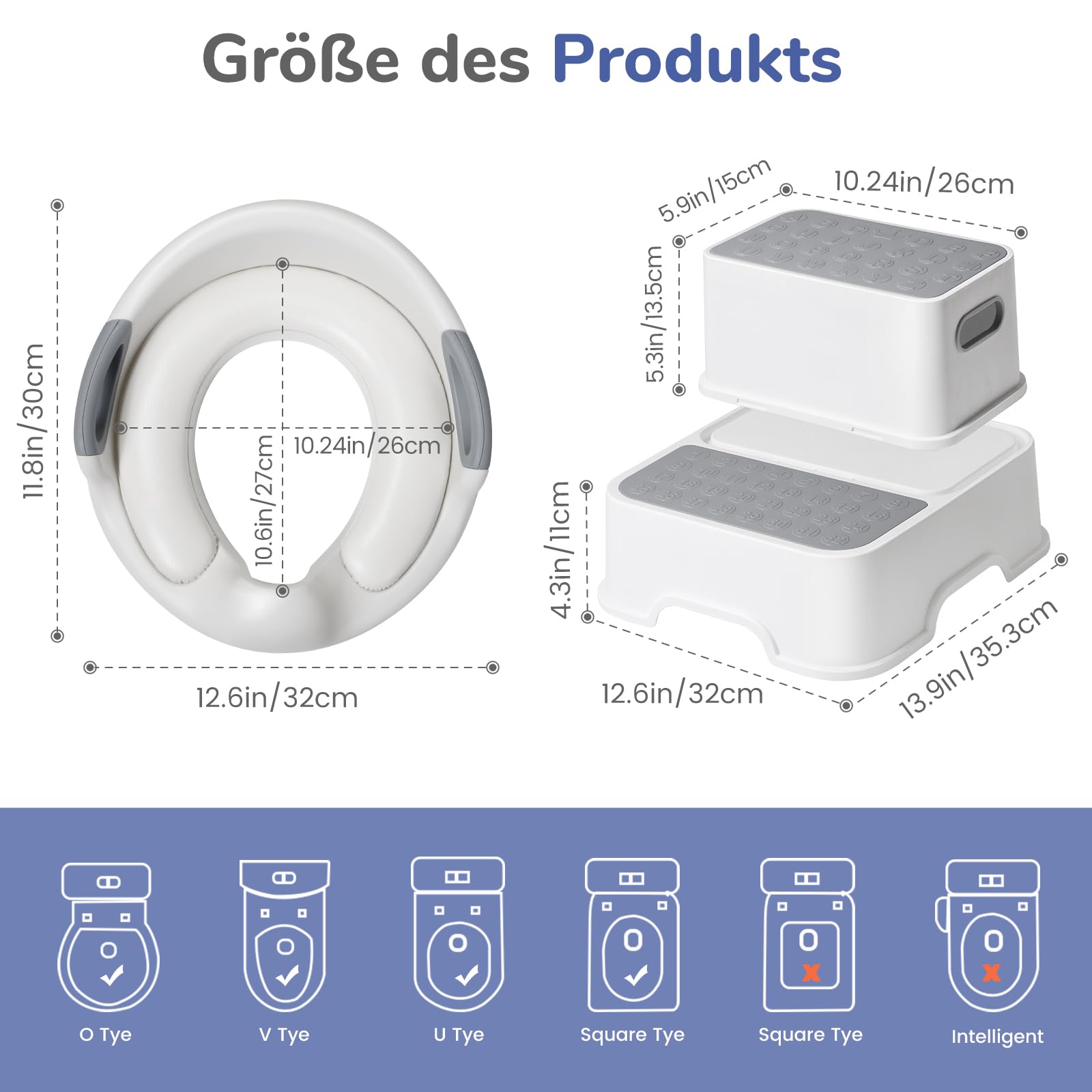 DEANIC Toilettensitz für Kinder mit Tritthocker, Toilettensitz mit Treppe und 2 Stufen Hocker, Toilettenaufsatz Klositz für ab 1-2-3-6 Jahre, 2 Kissen 1 Bürste (Grau)