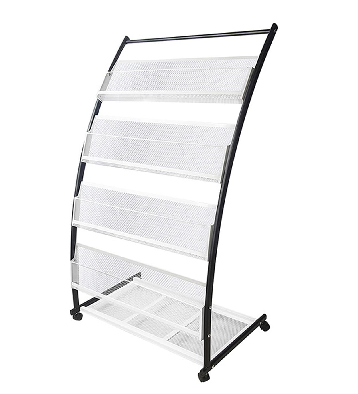 TUKA-i-AKUT Support de Sol à Revues, Porte-revues avec 4 Roues + 4 Étagères, Présentoir sur Pied à Littérature Livres Journaux Brochures Magazines Revues, en Acier Inoxydable, 60x40x113CM TKD8692