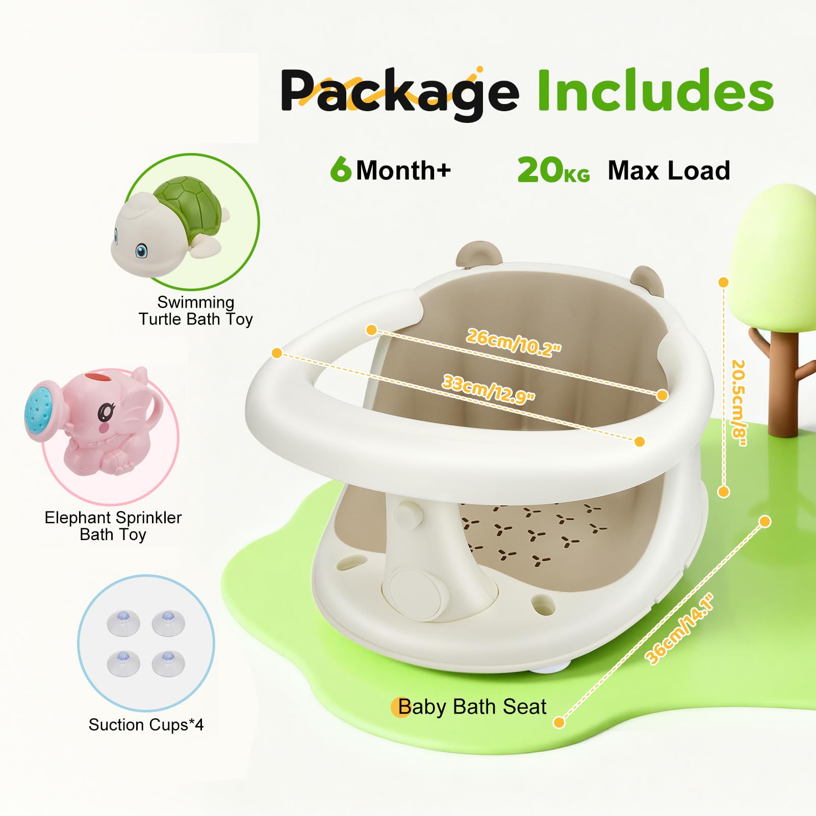 Asiento de baño para bebés a partir de 6 meses, asiento de bañera con 4 ventosas fuertes, respaldo ergonómico