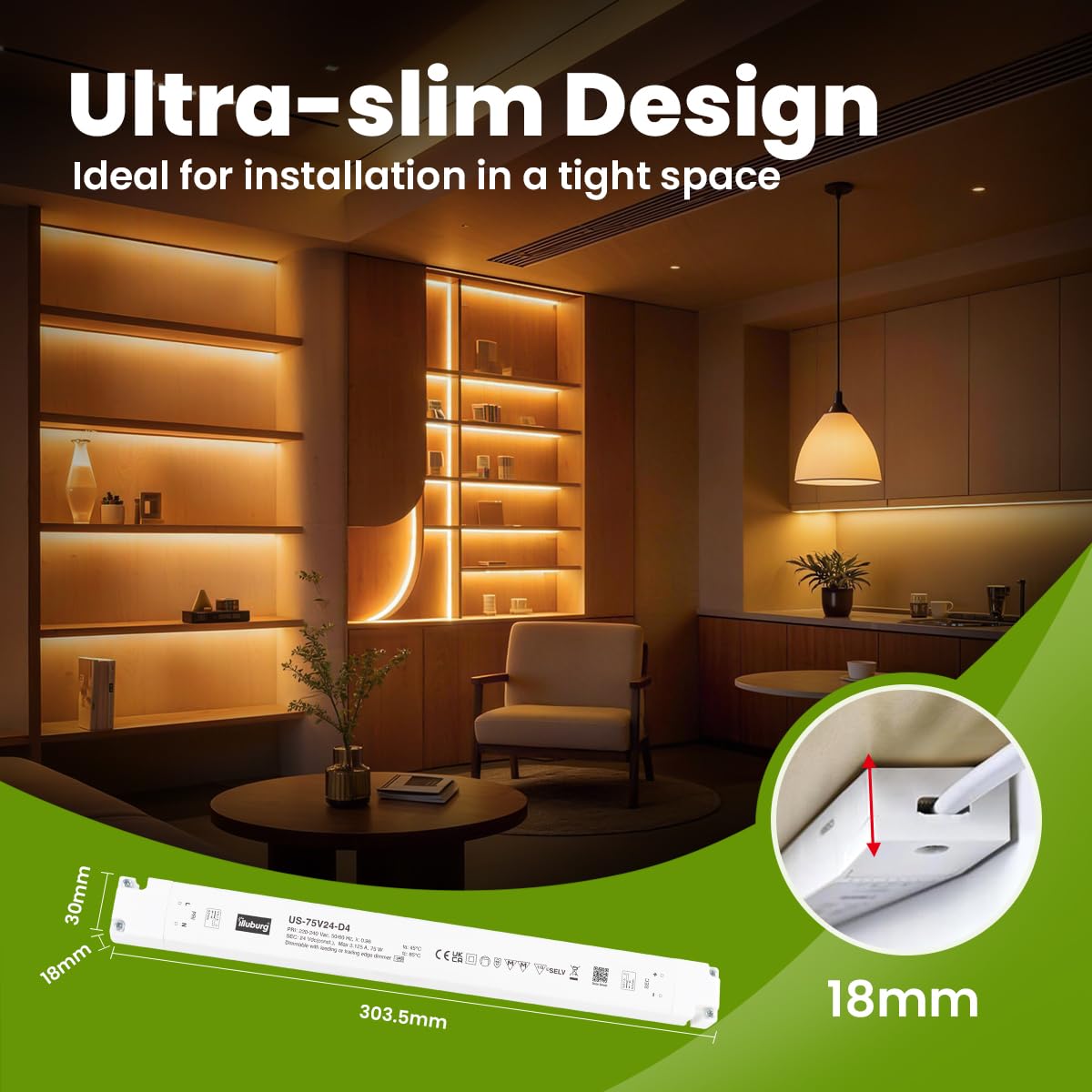 Trasformatore LED 24V 15W - 75W Dimmerabile TRIAC Sottile per LED Strisce Lampadine LED Alimentatore Driver
