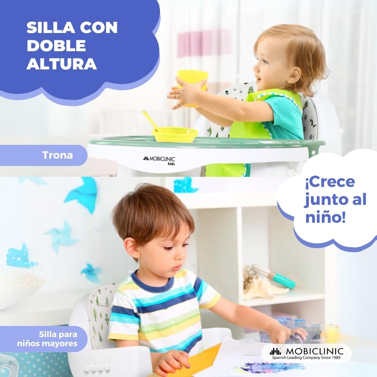 Mobiclinic® kids, Trona evolutiva, 2 en 1, Altura ajustable, Doble bandeja, 6 meses - años, Forest, Arnés de seguridad 5 puntos, Ruedas extraíbles, Hasta 35 kg, Cesta almacenamiento, 360º