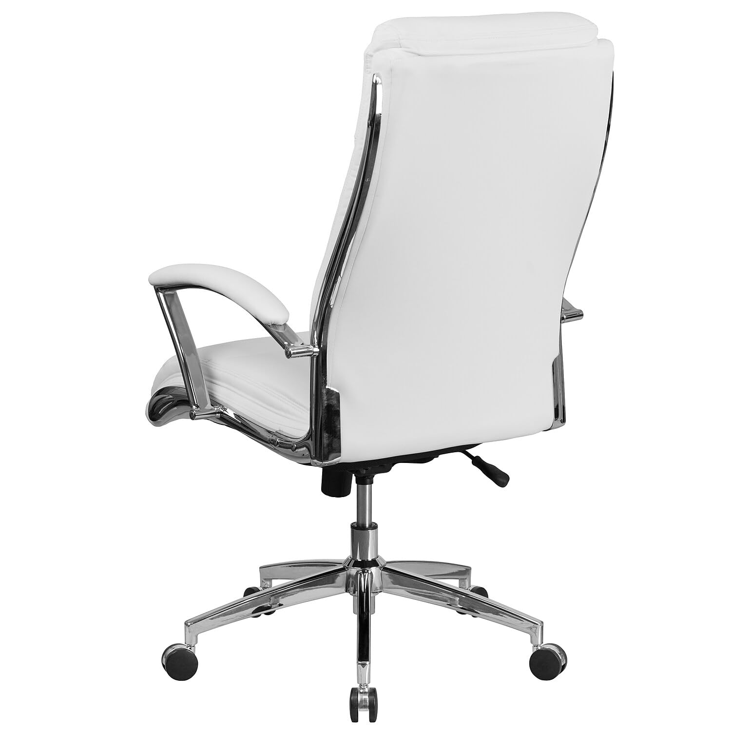 Rebecca - Silla de oficina giratoria ejecutiva tapizada con respaldo alto y respaldo alto, color blanco LeatherSoft con base cromada y brazos 8