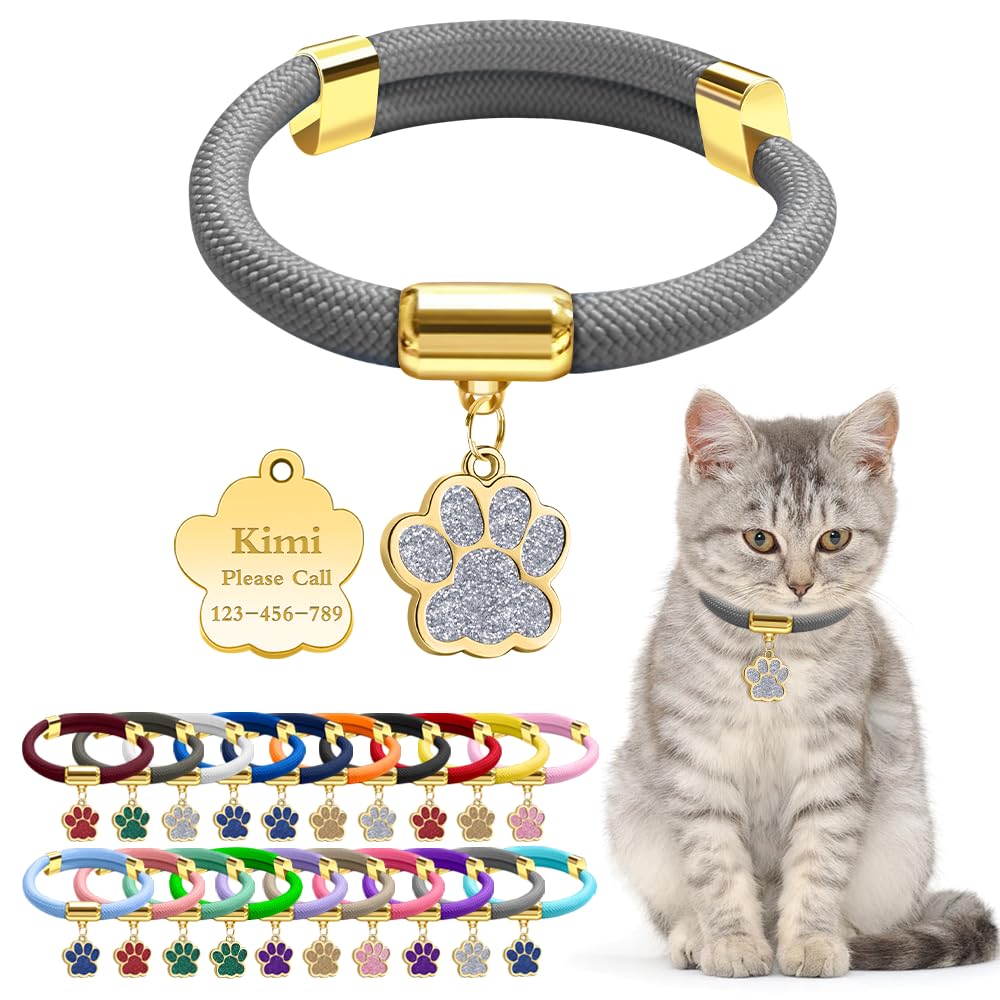 Personalized Breakaway Cat Collars with Magnetic Quick Release Buckle, Custom Engraved Name Tag for Cats (Pure Grey)