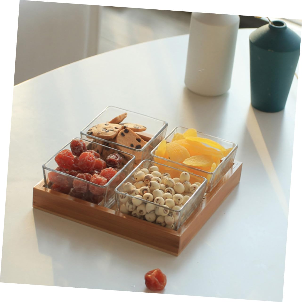 Toyvian Plateau de Service Verre Divisé avec Support Bois Assiette pour Noix et Fruits Secs Plateau Apéritif Multi-compartiments sans Couvercle pour Cuisine et Réception