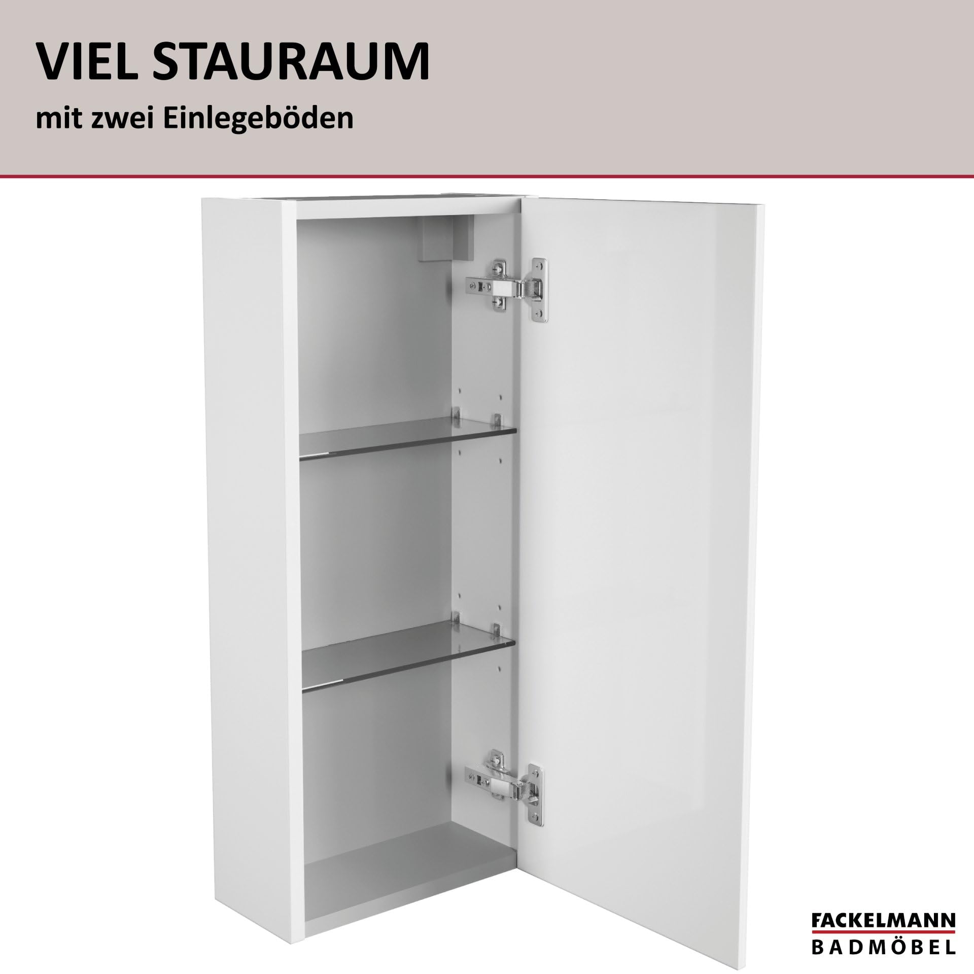 FACKELMANN Milano Hängeschrank mit Tür – Badezimmerschrank hängend mit 2 Einlegeböden fürs Badezimmer (30 cm x 68 cm x 15,4 cm) – Wandschrank in Weiß