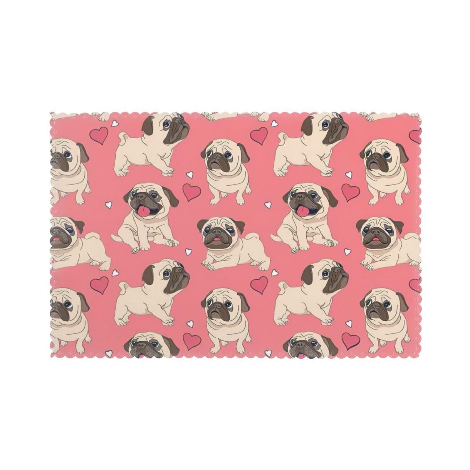 Pug Dog Print Placemats for Dining Table Set of 6 12x18 Inch Table Mats for Party Kitchen Dining.